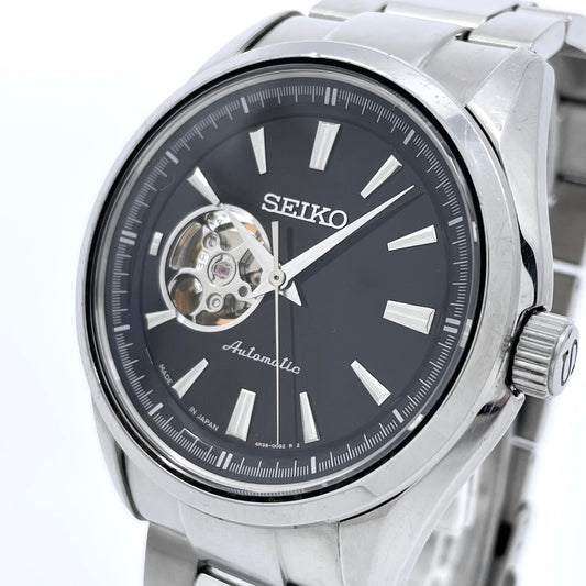 SEIKO セイコー プレサージュ メカニカル 4R38-00S0 メンズ 腕時計 自動巻き オープンハート スケルトン ブラック文字盤 シルバー ステンレススチール アナログ 裏スケ シースルーバック ドレスウォッチ ビジネス G4
