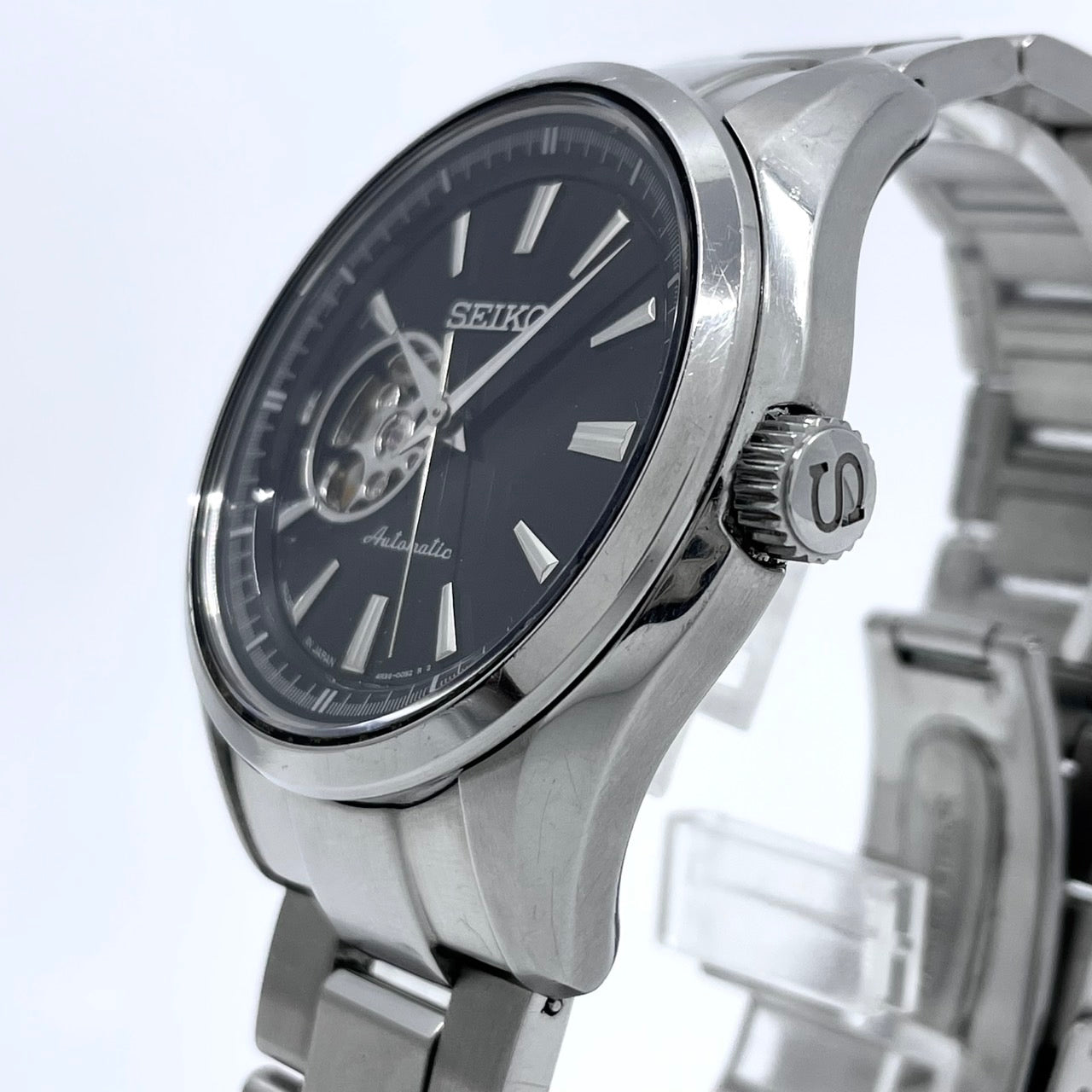SEIKO セイコー プレサージュ メカニカル 4R38-00S0 メンズ 腕時計 自動巻き オープンハート スケルトン ブラック文字盤 シルバー ステンレススチール アナログ 裏スケ シースルーバック ドレスウォッチ ビジネス G4