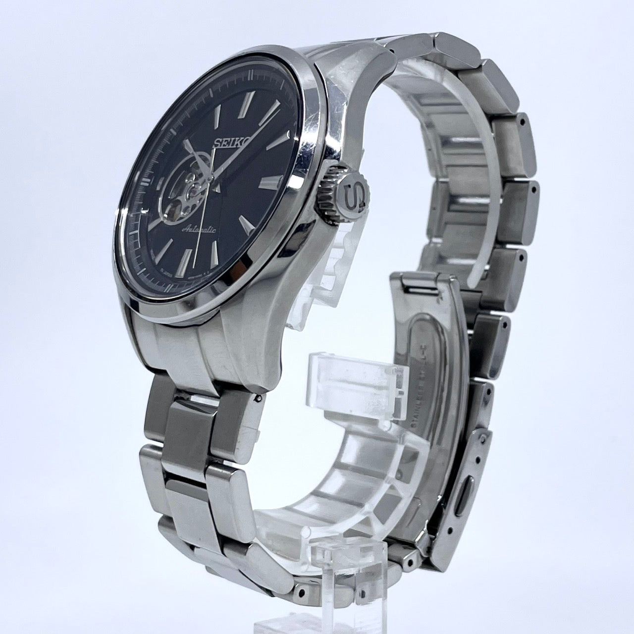 SEIKO セイコー プレサージュ メカニカル 4R38-00S0 メンズ 腕時計 自動巻き オープンハート スケルトン ブラック文字盤 シルバー ステンレススチール アナログ 裏スケ シースルーバック ドレスウォッチ ビジネス G4