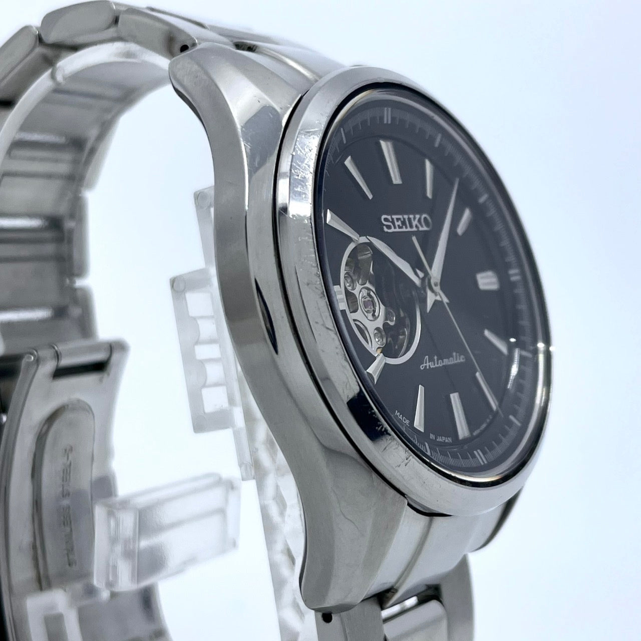 SEIKO セイコー プレサージュ メカニカル 4R38-00S0 メンズ 腕時計 自動巻き オープンハート スケルトン ブラック文字盤 シルバー ステンレススチール アナログ 裏スケ シースルーバック ドレスウォッチ ビジネス G4