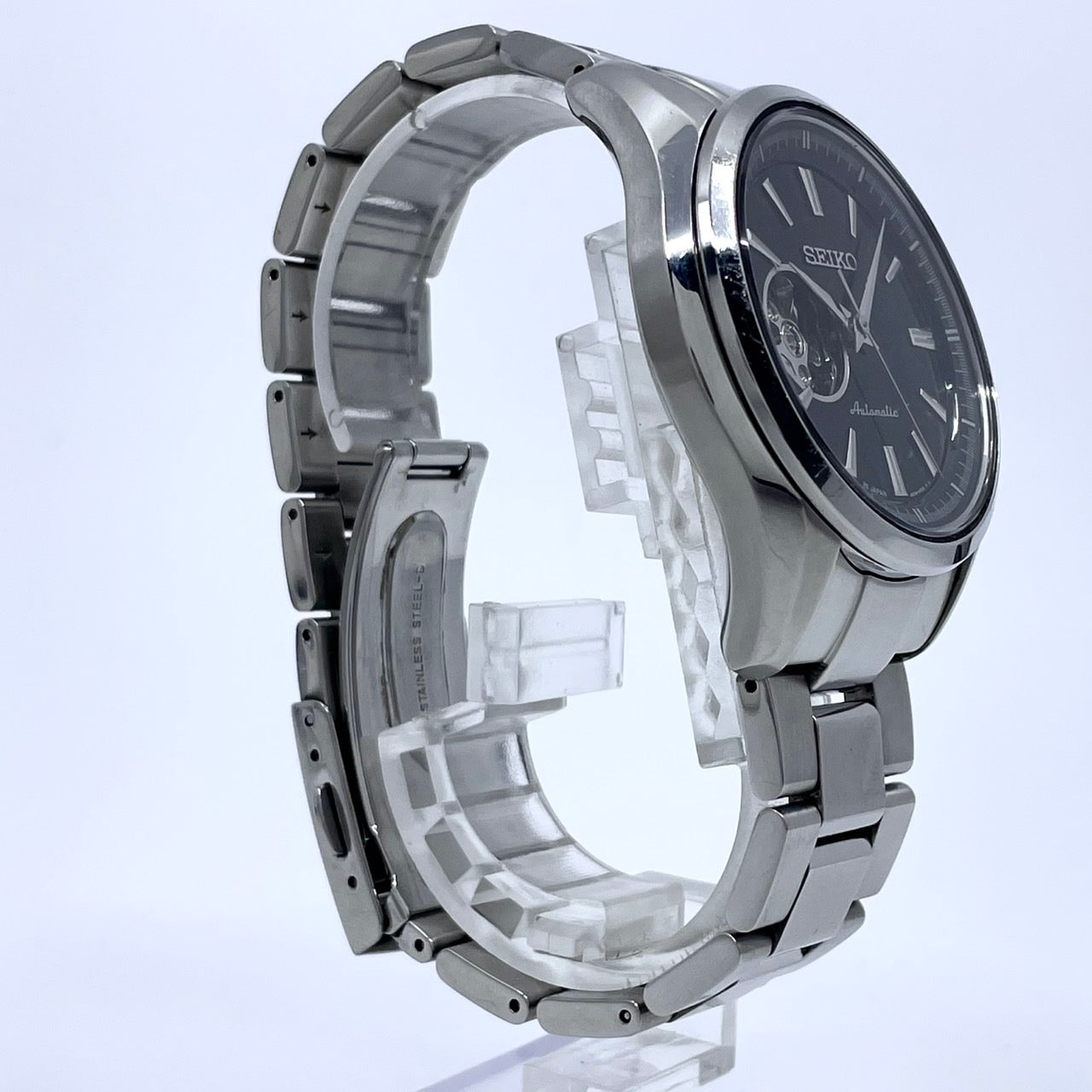 SEIKO セイコー プレサージュ メカニカル 4R38-00S0 メンズ 腕時計 自動巻き オープンハート スケルトン ブラック文字盤 シルバー ステンレススチール アナログ 裏スケ シースルーバック ドレスウォッチ ビジネス G4