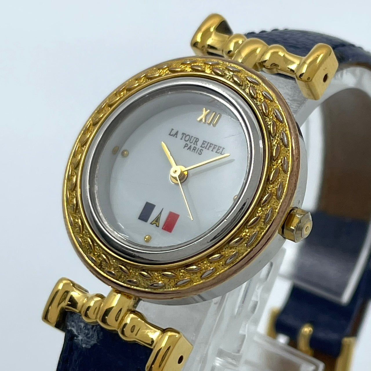 【電池交換済／稼働品】LA TOUR EIFFEL ラ・トゥール・エッフェル レディース 腕時計 ゴールド ブルーレザーベルト トリコロール ラウンド クオーツ アナログ エレガント クラシック ビンテージ ドレスウォッチ パリ フランス クリーニング済 G