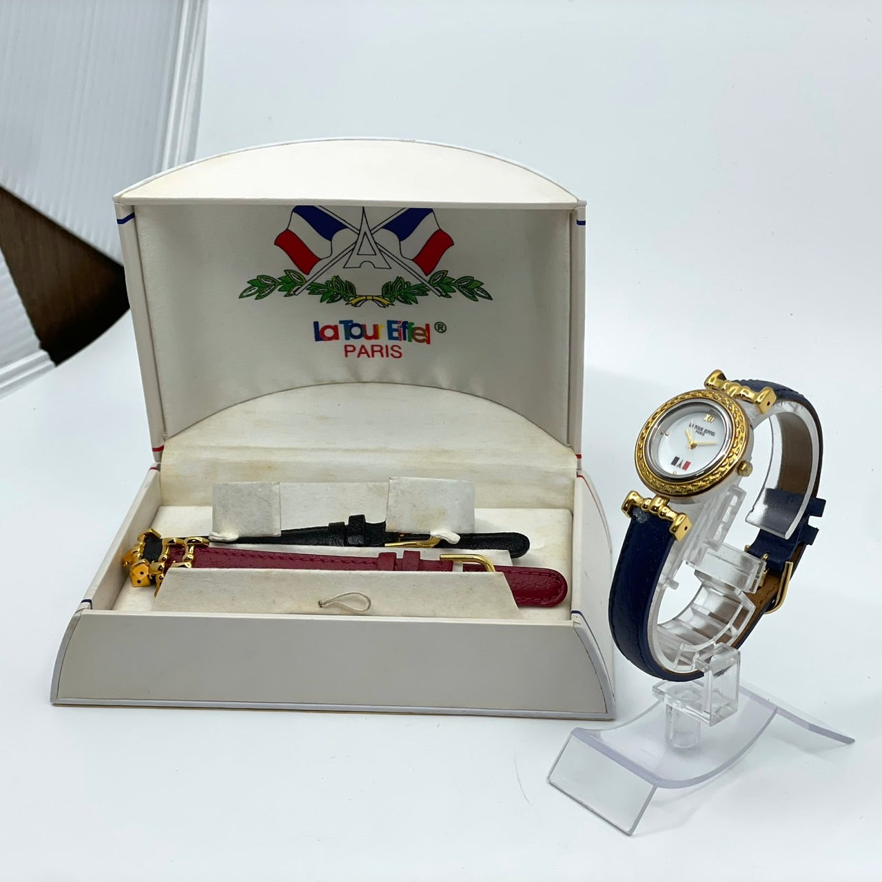 【電池交換済／稼働品】LA TOUR EIFFEL ラ・トゥール・エッフェル レディース 腕時計 ゴールド ブルーレザーベルト トリコロール ラウンド クオーツ アナログ エレガント クラシック ビンテージ ドレスウォッチ パリ フランス クリーニング済 G