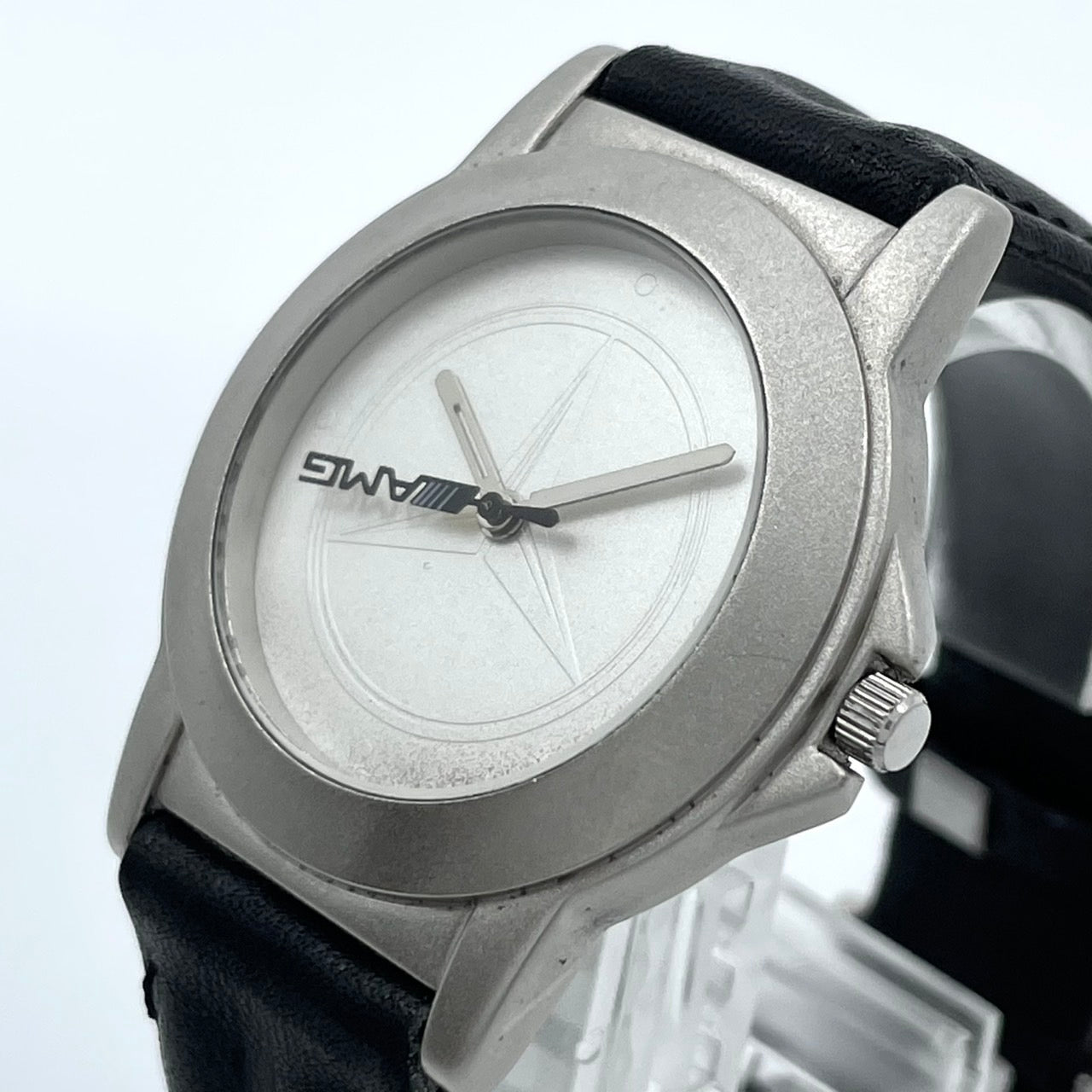 【電池交換済／稼働品】希少 メルセデスベンツ AMG 腕時計 YANASE ヤナセ ノベルティ ウォッチ シルバー ブラックレザー クオーツ アナログ スポーティ スリーポインテッドスター ロゴ メンズ レディース ユニセックス 非売品 箱付き G