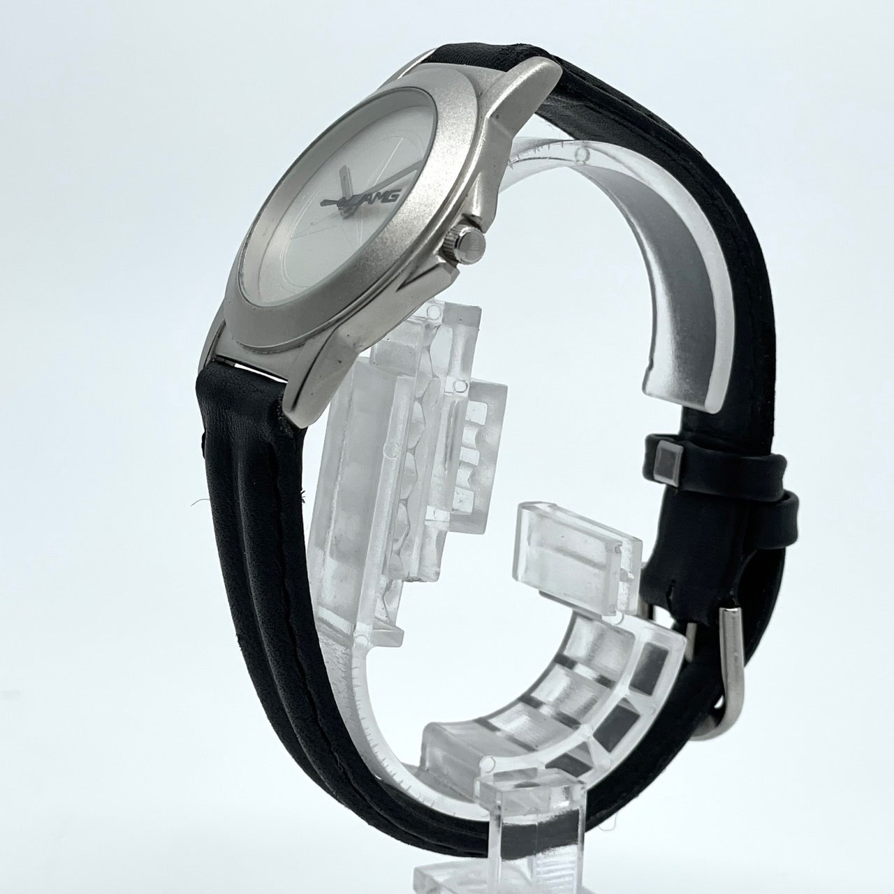 【電池交換済／稼働品】希少 メルセデスベンツ AMG 腕時計 YANASE ヤナセ ノベルティ ウォッチ シルバー ブラックレザー クオーツ アナログ スポーティ スリーポインテッドスター ロゴ メンズ レディース ユニセックス 非売品 箱付き G