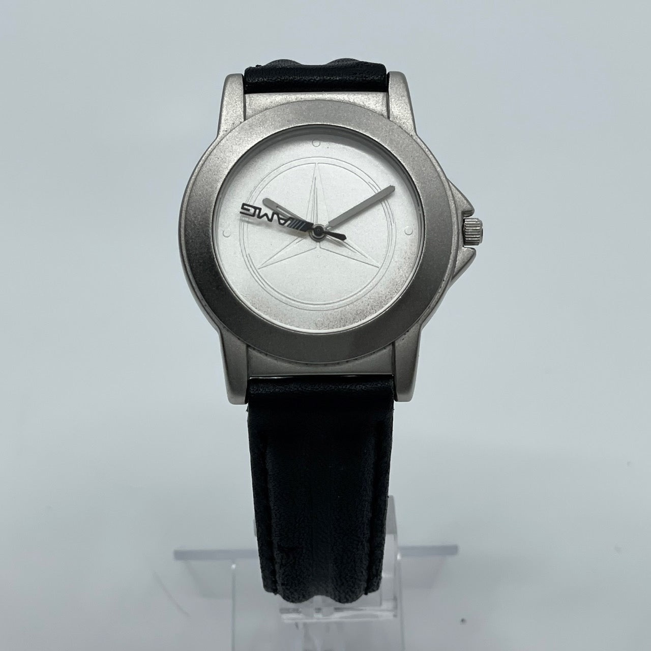 【電池交換済／稼働品】希少 メルセデスベンツ AMG 腕時計 YANASE ヤナセ ノベルティ ウォッチ シルバー ブラックレザー クオーツ アナログ スポーティ スリーポインテッドスター ロゴ メンズ レディース ユニセックス 非売品 箱付き G