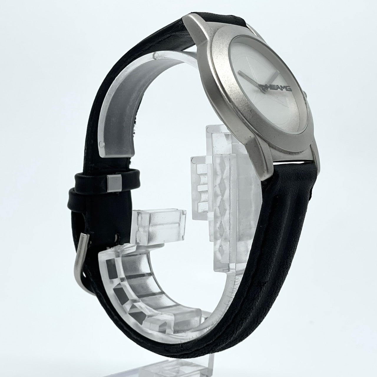 【電池交換済／稼働品】希少 メルセデスベンツ AMG 腕時計 YANASE ヤナセ ノベルティ ウォッチ シルバー ブラックレザー クオーツ アナログ スポーティ スリーポインテッドスター ロゴ メンズ レディース ユニセックス 非売品 箱付き G