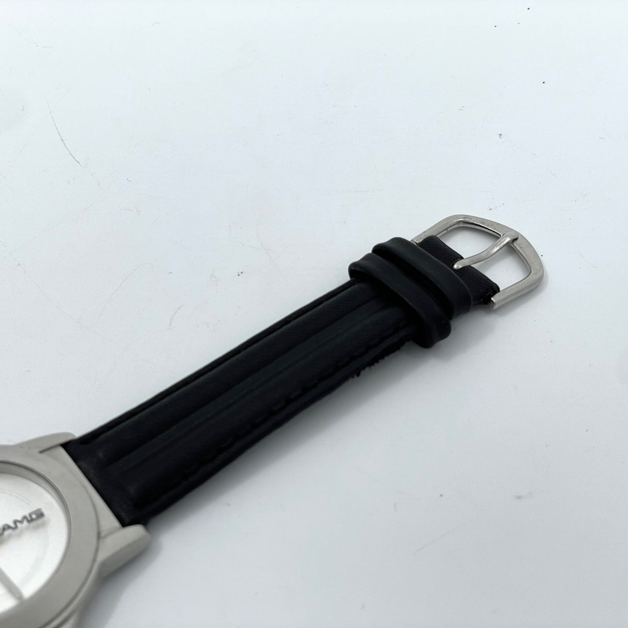 【電池交換済／稼働品】希少 メルセデスベンツ AMG 腕時計 YANASE ヤナセ ノベルティ ウォッチ シルバー ブラックレザー クオーツ アナログ スポーティ スリーポインテッドスター ロゴ メンズ レディース ユニセックス 非売品 箱付き G