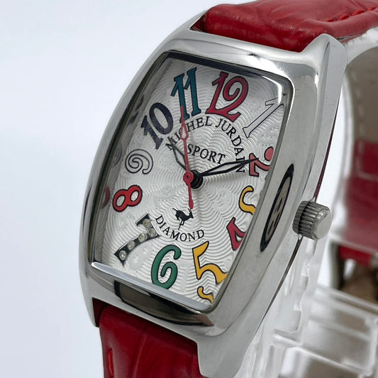 【電池交換済／稼働品】michel Jurdain SPORT ミッシェルジョルダン レディース 腕時計 ダイヤモンド SL-1000 トノー型 カラフルインデックス ポップデザイン レッドレザーベルト クオーツ アナログ エレガント 個性的 箱付き G