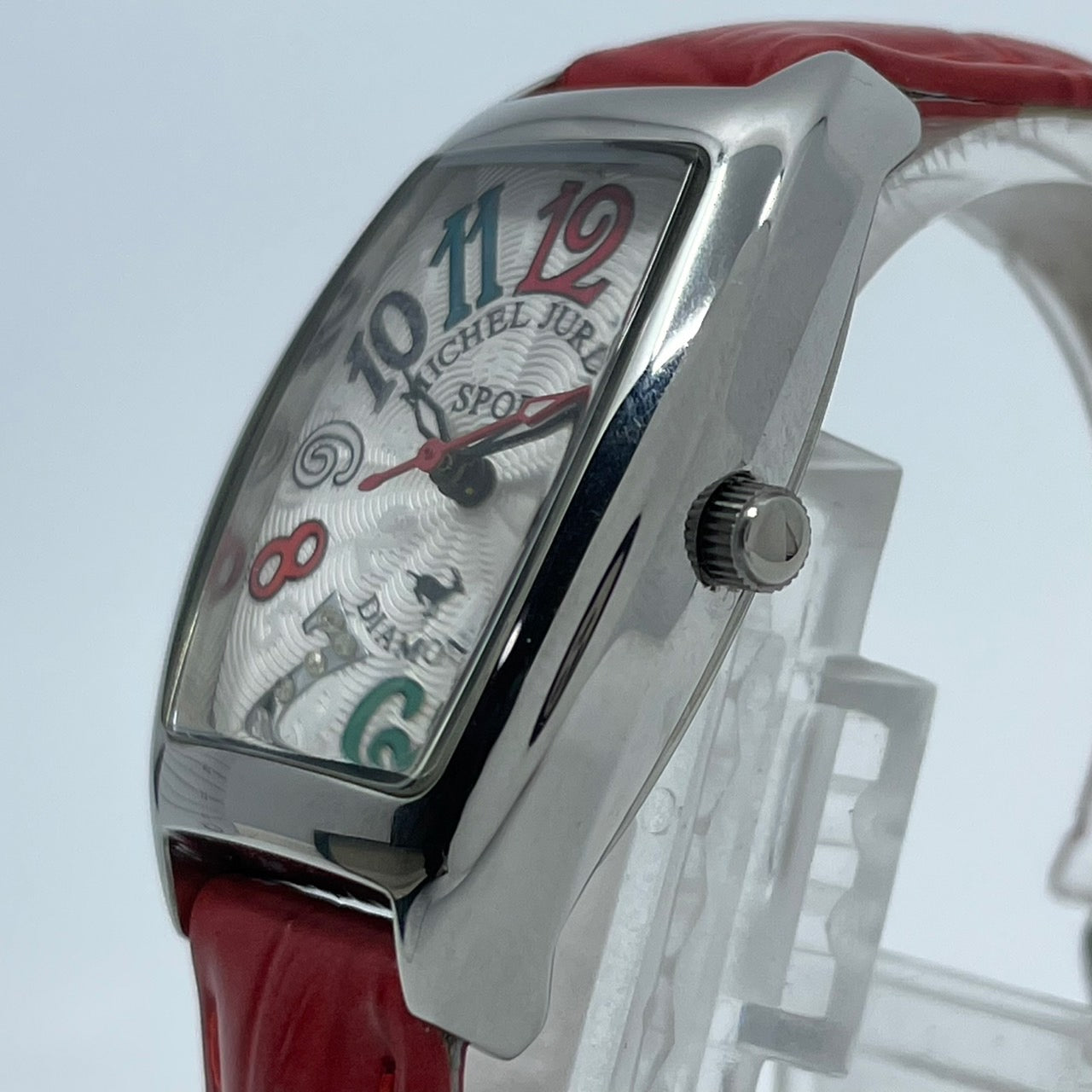 【電池交換済／稼働品】michel Jurdain SPORT ミッシェルジョルダン レディース 腕時計 ダイヤモンド SL-1000 トノー型 カラフルインデックス ポップデザイン レッドレザーベルト クオーツ アナログ エレガント 個性的 箱付き G