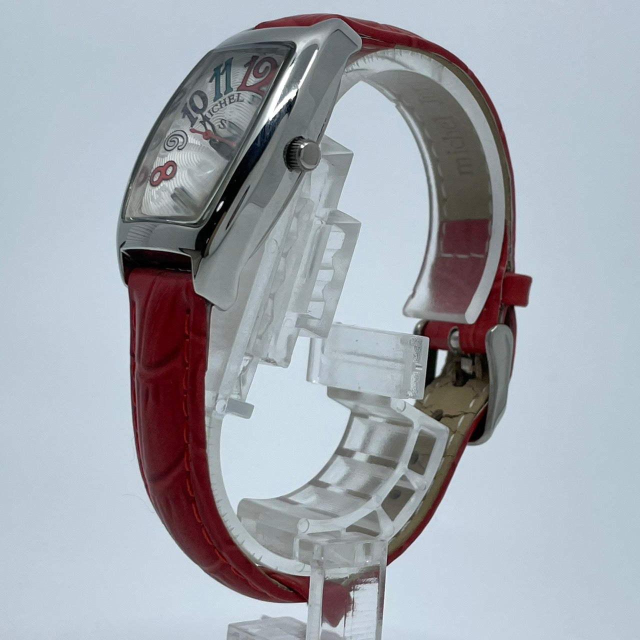 【電池交換済／稼働品】michel Jurdain SPORT ミッシェルジョルダン レディース 腕時計 ダイヤモンド SL-1000 トノー型 カラフルインデックス ポップデザイン レッドレザーベルト クオーツ アナログ エレガント 個性的 箱付き G