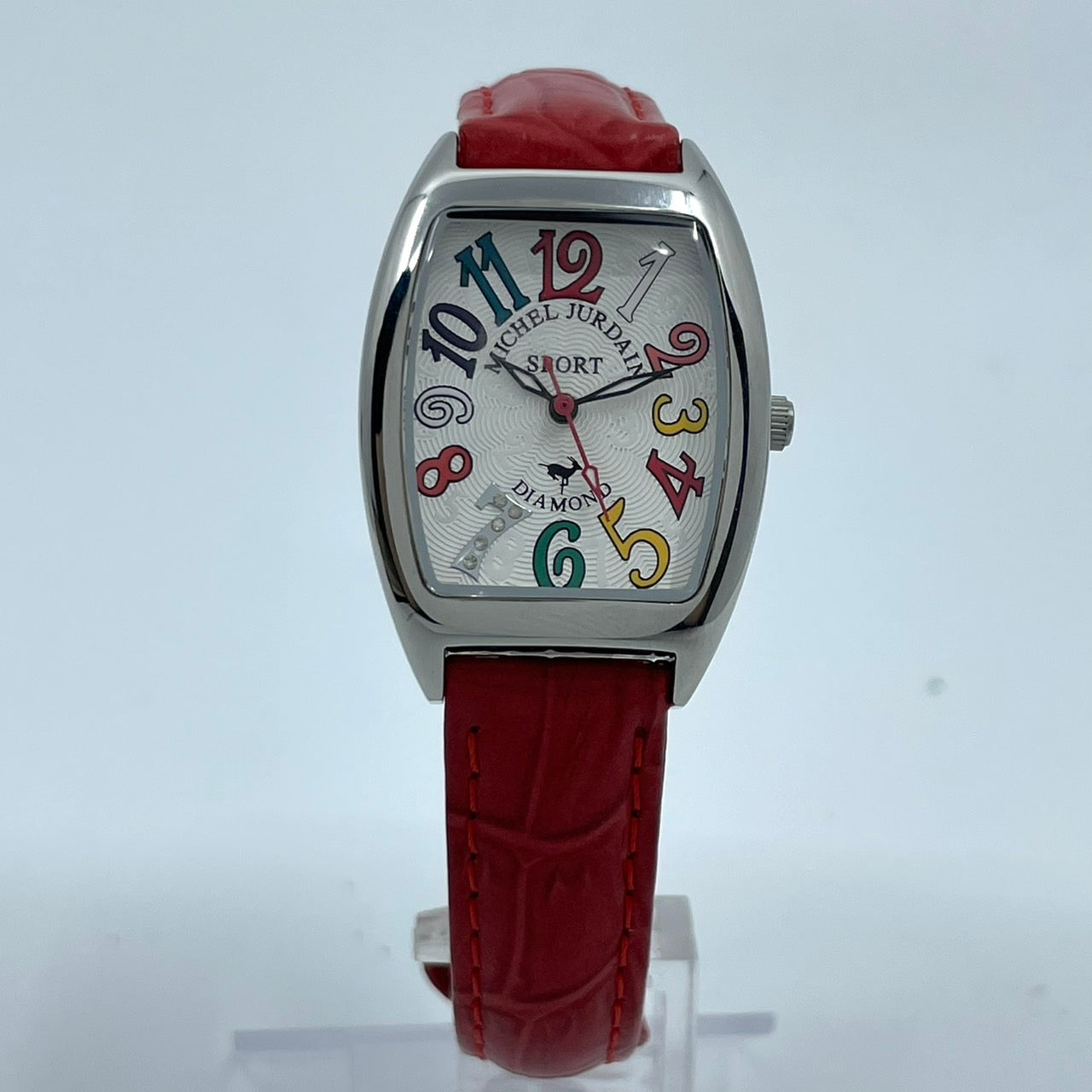 【電池交換済／稼働品】michel Jurdain SPORT ミッシェルジョルダン レディース 腕時計 ダイヤモンド SL-1000 トノー型 カラフルインデックス ポップデザイン レッドレザーベルト クオーツ アナログ エレガント 個性的 箱付き G