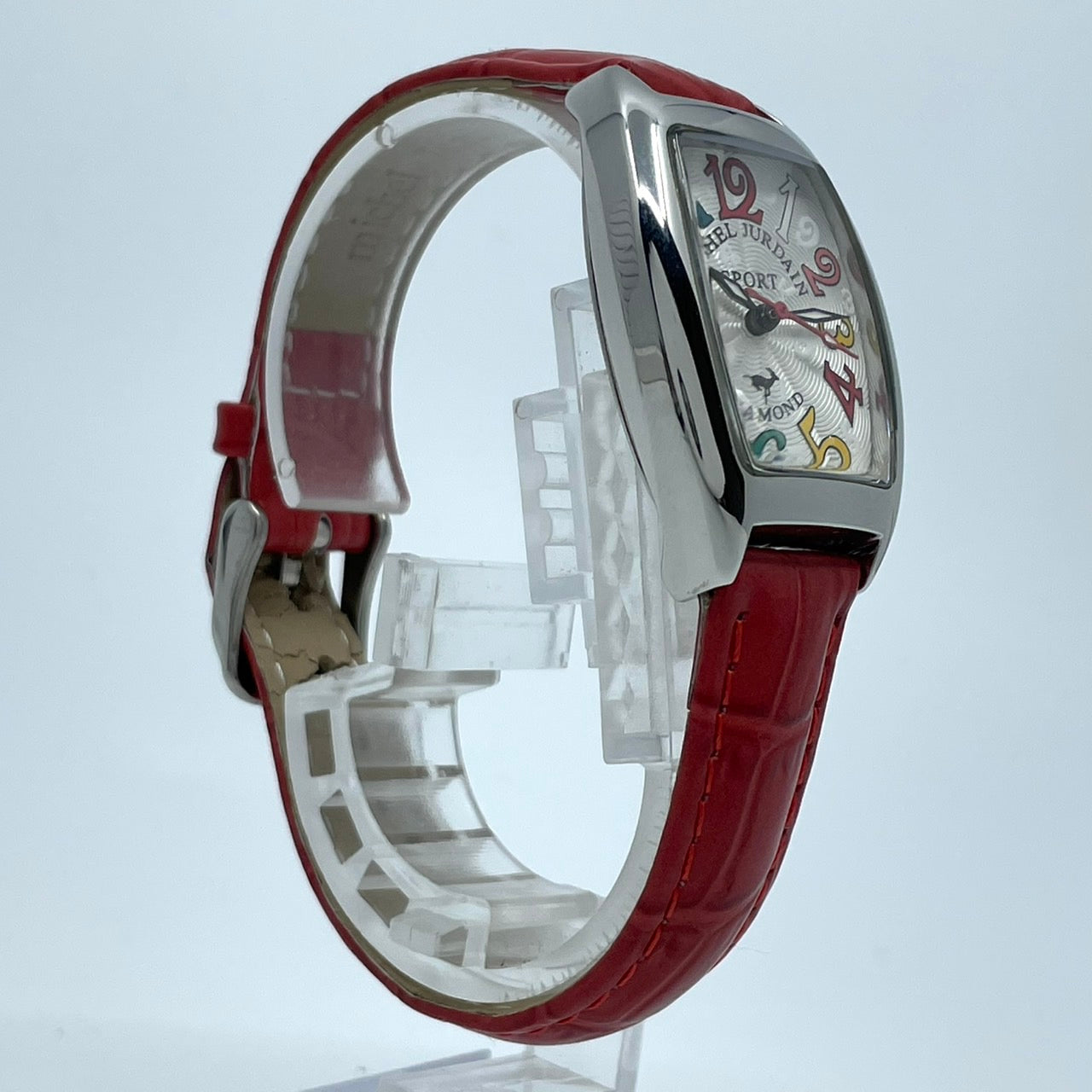 【電池交換済／稼働品】michel Jurdain SPORT ミッシェルジョルダン レディース 腕時計 ダイヤモンド SL-1000 トノー型 カラフルインデックス ポップデザイン レッドレザーベルト クオーツ アナログ エレガント 個性的 箱付き G