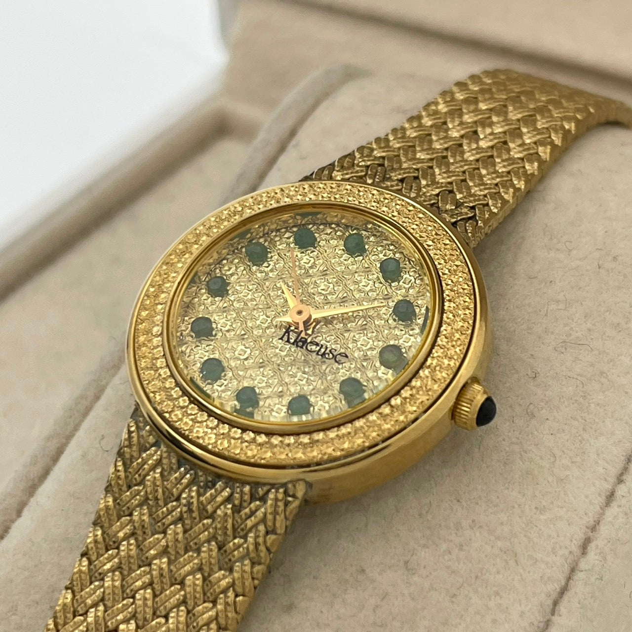 【電池交換済】Klaeuse クラウゼ レディース 腕時計 NM-1000 ゴールド メッシュベルト ドレスウォッチ エレガント ゴージャス 宝石インデックス ビンテージ クラシック スイス製ムーブメント クオーツ 箱付 G4
