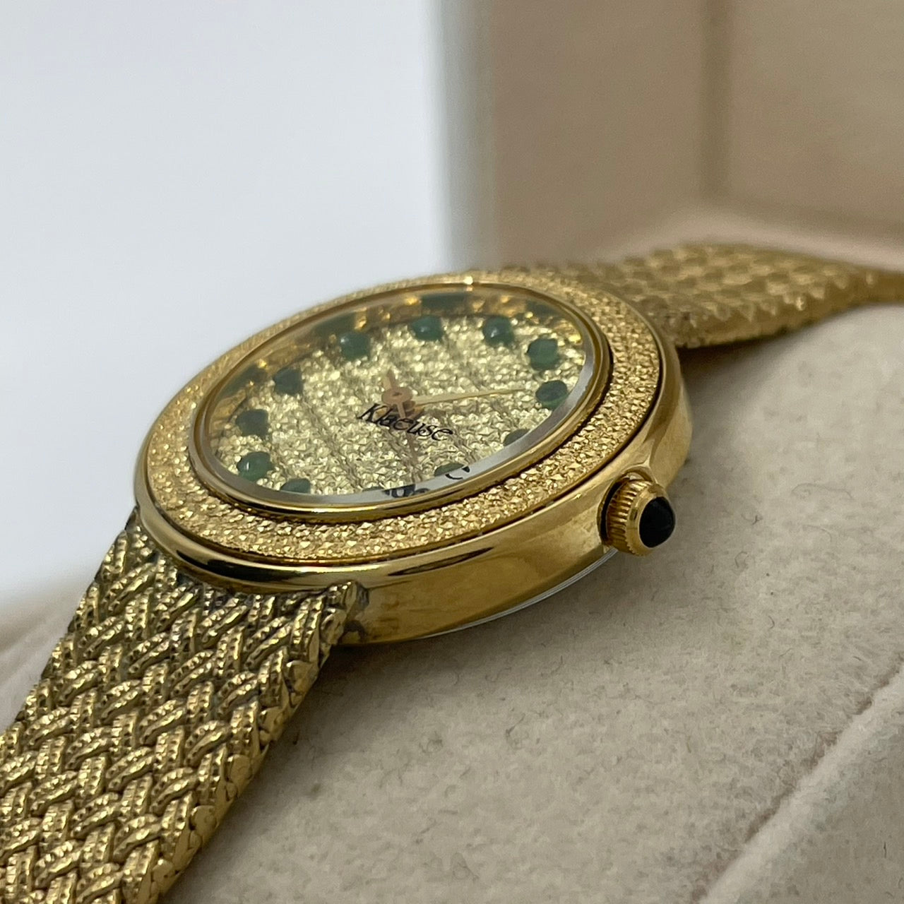 【電池交換済】Klaeuse クラウゼ レディース 腕時計 NM-1000 ゴールド メッシュベルト ドレスウォッチ エレガント ゴージャス 宝石インデックス ビンテージ クラシック スイス製ムーブメント クオーツ 箱付 G4