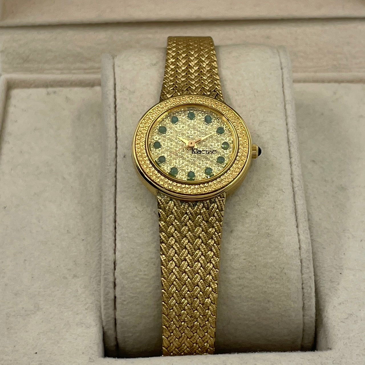 【電池交換済】Klaeuse クラウゼ レディース 腕時計 NM-1000 ゴールド メッシュベルト ドレスウォッチ エレガント ゴージャス 宝石インデックス ビンテージ クラシック スイス製ムーブメント クオーツ 箱付 G4