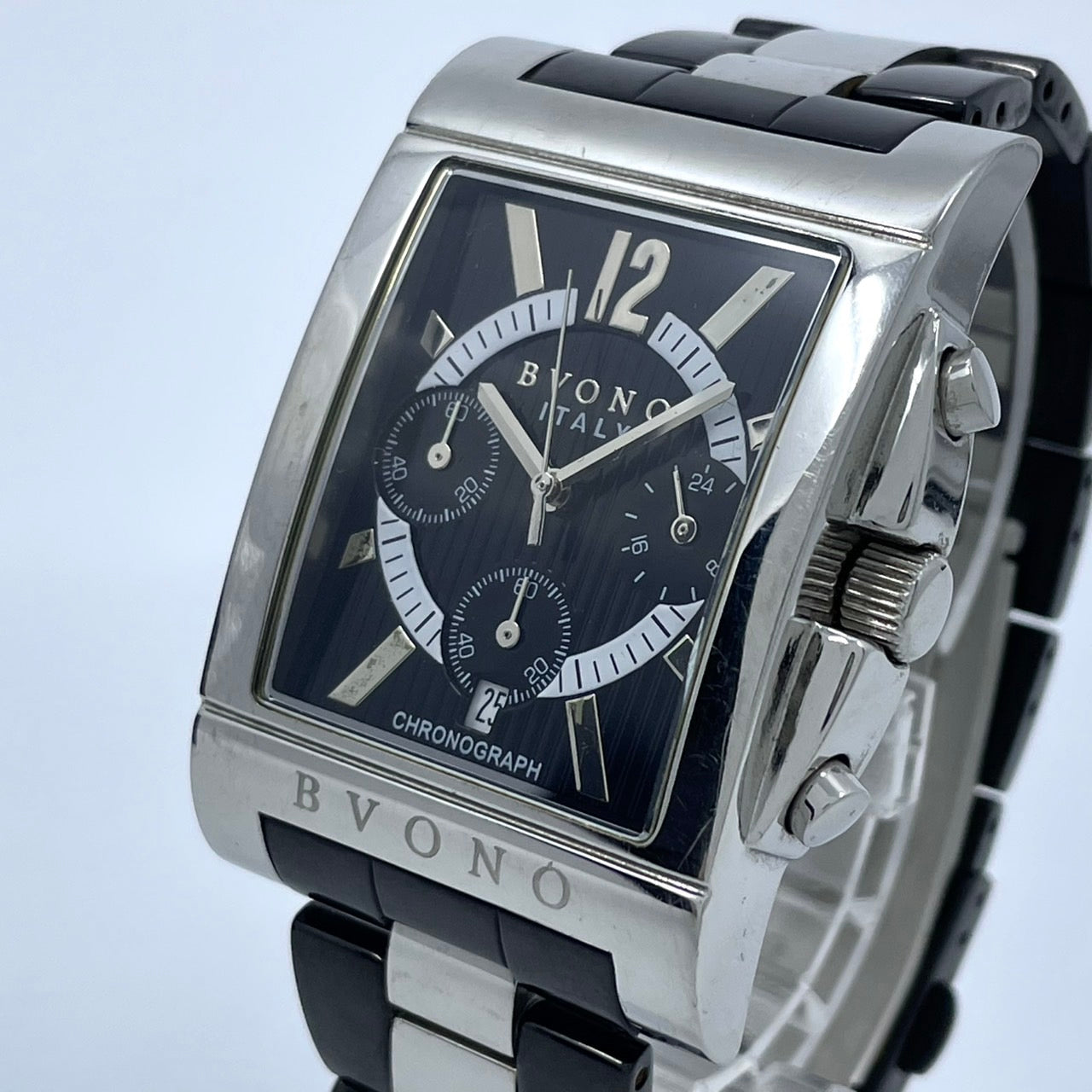 【電池交換済／稼働品】BVONO ボーノ ITALY メンズ 腕時計 クロノグラフ B-5530 スクエア シルバー ブラック コンビベルト クオーツ アナログ 多機能 モダンデザイン スタイリッシュ エレガント ビジネス ドレスウォッチ クリーニング済 G