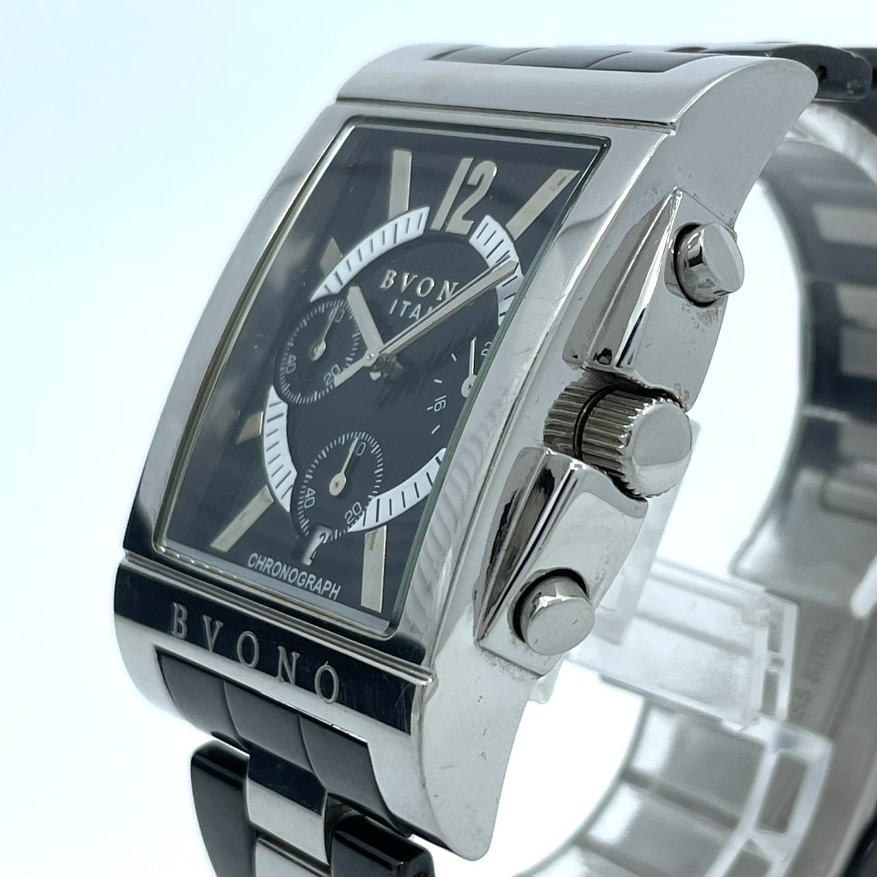 【電池交換済／稼働品】BVONO ボーノ ITALY メンズ 腕時計 クロノグラフ B-5530 スクエア シルバー ブラック コンビベルト クオーツ アナログ 多機能 モダンデザイン スタイリッシュ エレガント ビジネス ドレスウォッチ クリーニング済 G