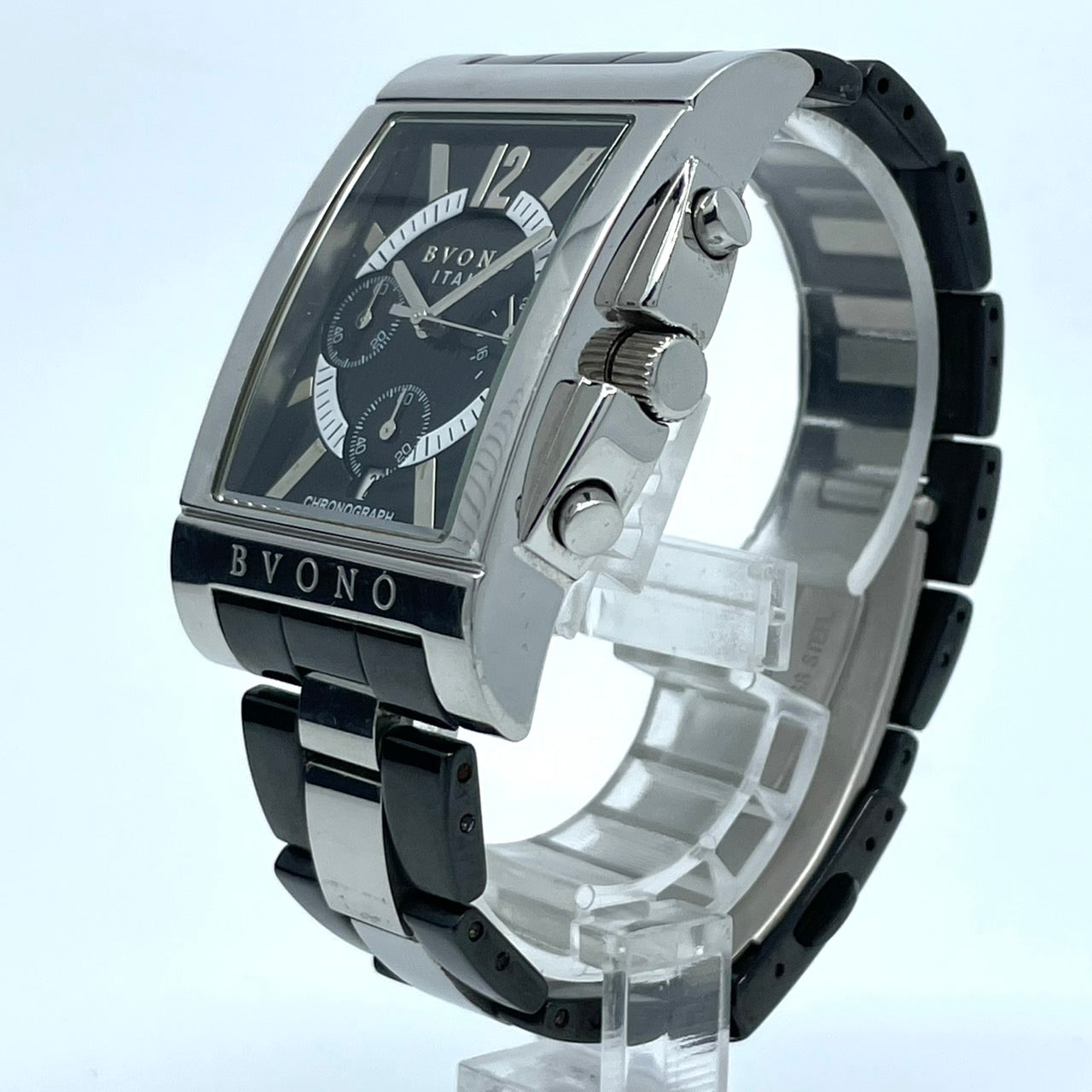 【電池交換済／稼働品】BVONO ボーノ ITALY メンズ 腕時計 クロノグラフ B-5530 スクエア シルバー ブラック コンビベルト クオーツ アナログ 多機能 モダンデザイン スタイリッシュ エレガント ビジネス ドレスウォッチ クリーニング済 G