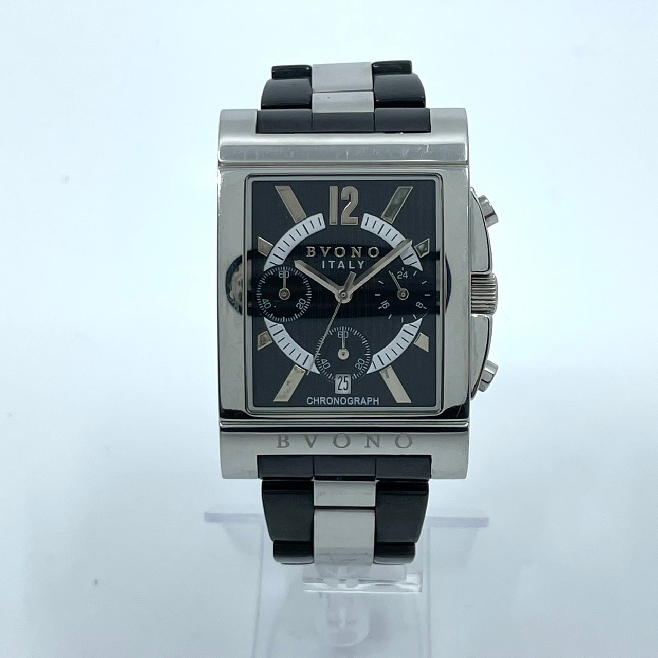 【電池交換済／稼働品】BVONO ボーノ ITALY メンズ 腕時計 クロノグラフ B-5530 スクエア シルバー ブラック コンビベルト クオーツ アナログ 多機能 モダンデザイン スタイリッシュ エレガント ビジネス ドレスウォッチ クリーニング済 G