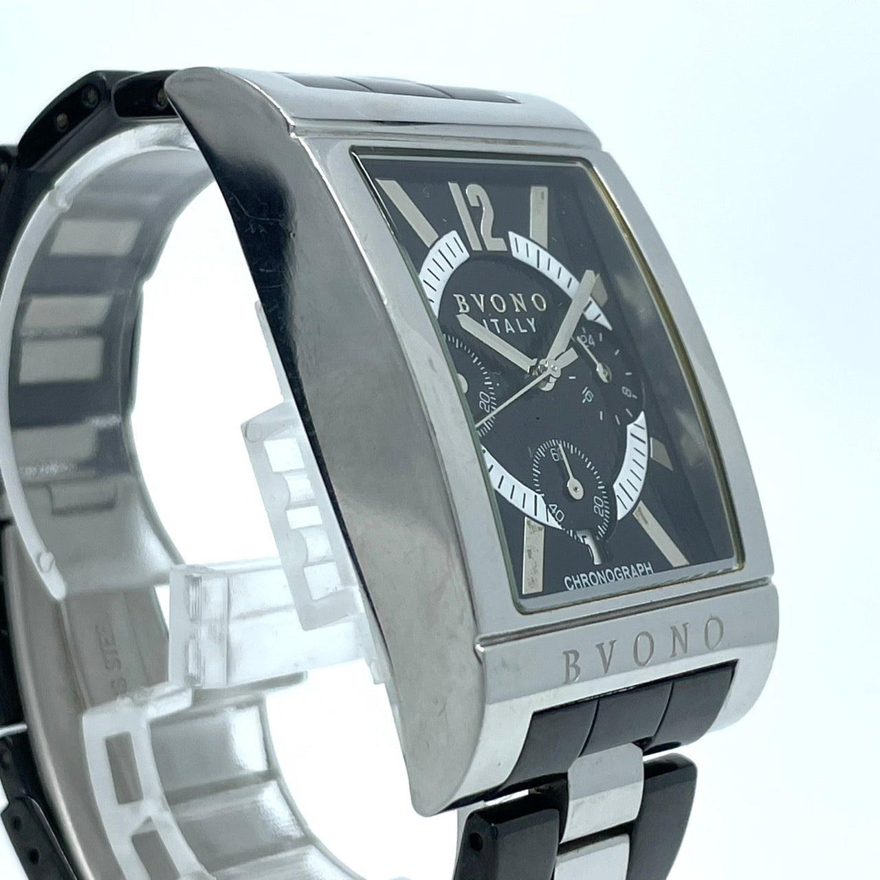 【電池交換済／稼働品】BVONO ボーノ ITALY メンズ 腕時計 クロノグラフ B-5530 スクエア シルバー ブラック コンビベルト クオーツ アナログ 多機能 モダンデザイン スタイリッシュ エレガント ビジネス ドレスウォッチ クリーニング済 G