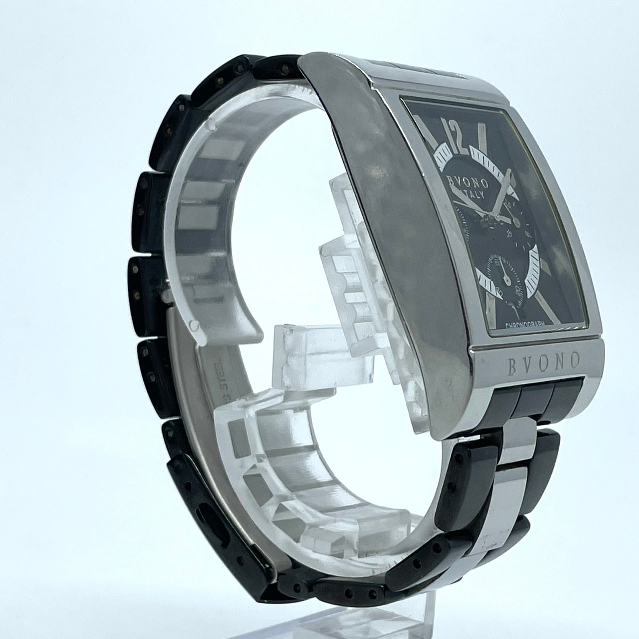 【電池交換済／稼働品】BVONO ボーノ ITALY メンズ 腕時計 クロノグラフ B-5530 スクエア シルバー ブラック コンビベルト クオーツ アナログ 多機能 モダンデザイン スタイリッシュ エレガント ビジネス ドレスウォッチ クリーニング済 G