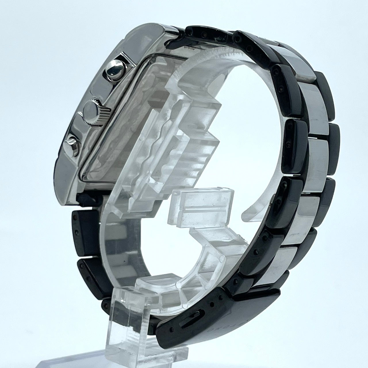 【電池交換済／稼働品】BVONO ボーノ ITALY メンズ 腕時計 クロノグラフ B-5530 スクエア シルバー ブラック コンビベルト クオーツ アナログ 多機能 モダンデザイン スタイリッシュ エレガント ビジネス ドレスウォッチ クリーニング済 G