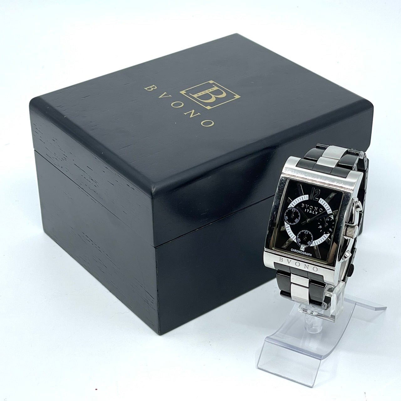 【電池交換済／稼働品】BVONO ボーノ ITALY メンズ 腕時計 クロノグラフ B-5530 スクエア シルバー ブラック コンビベルト クオーツ アナログ 多機能 モダンデザイン スタイリッシュ エレガント ビジネス ドレスウォッチ クリーニング済 G