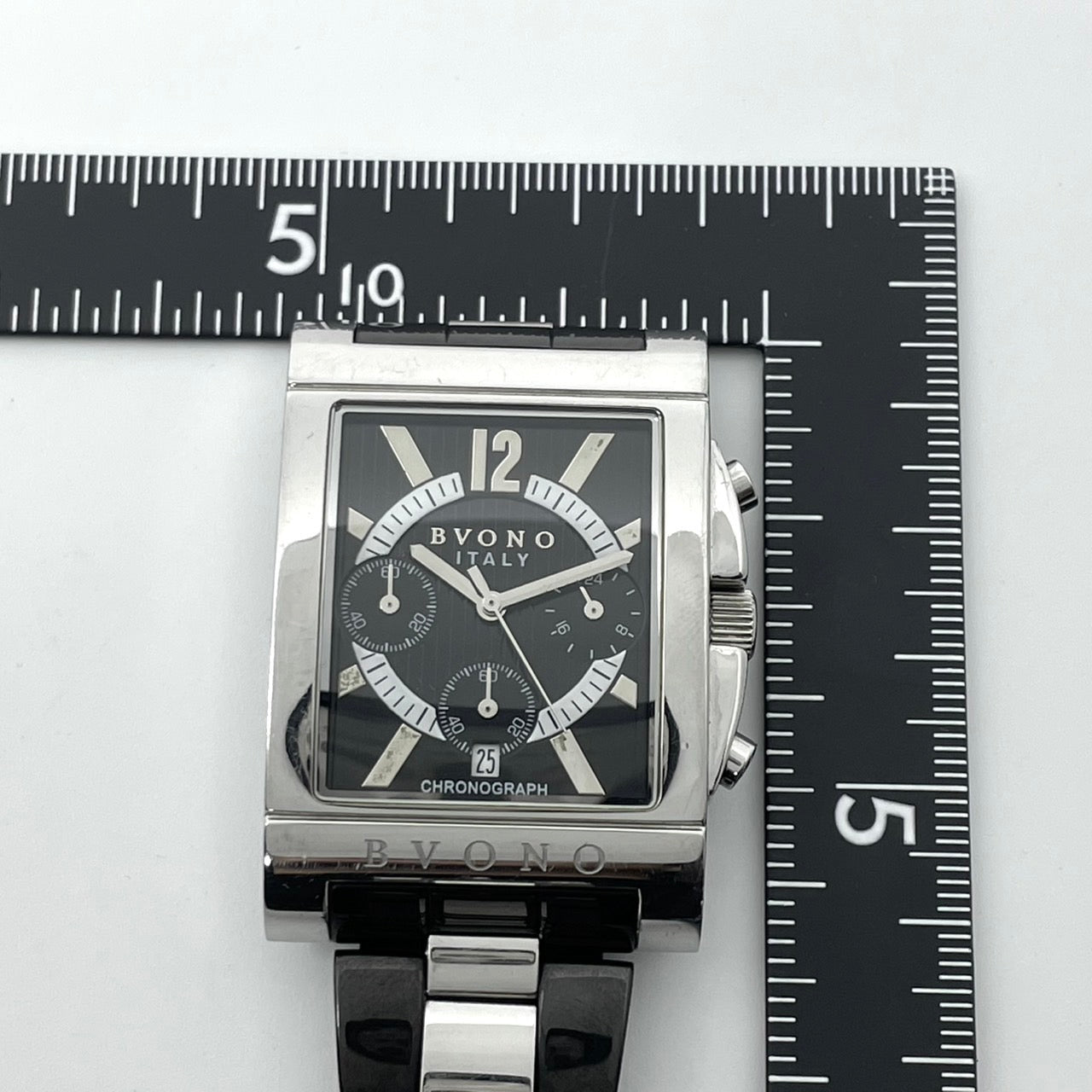 【電池交換済／稼働品】BVONO ボーノ ITALY メンズ 腕時計 クロノグラフ B-5530 スクエア シルバー ブラック コンビベルト クオーツ アナログ 多機能 モダンデザイン スタイリッシュ エレガント ビジネス ドレスウォッチ クリーニング済 G
