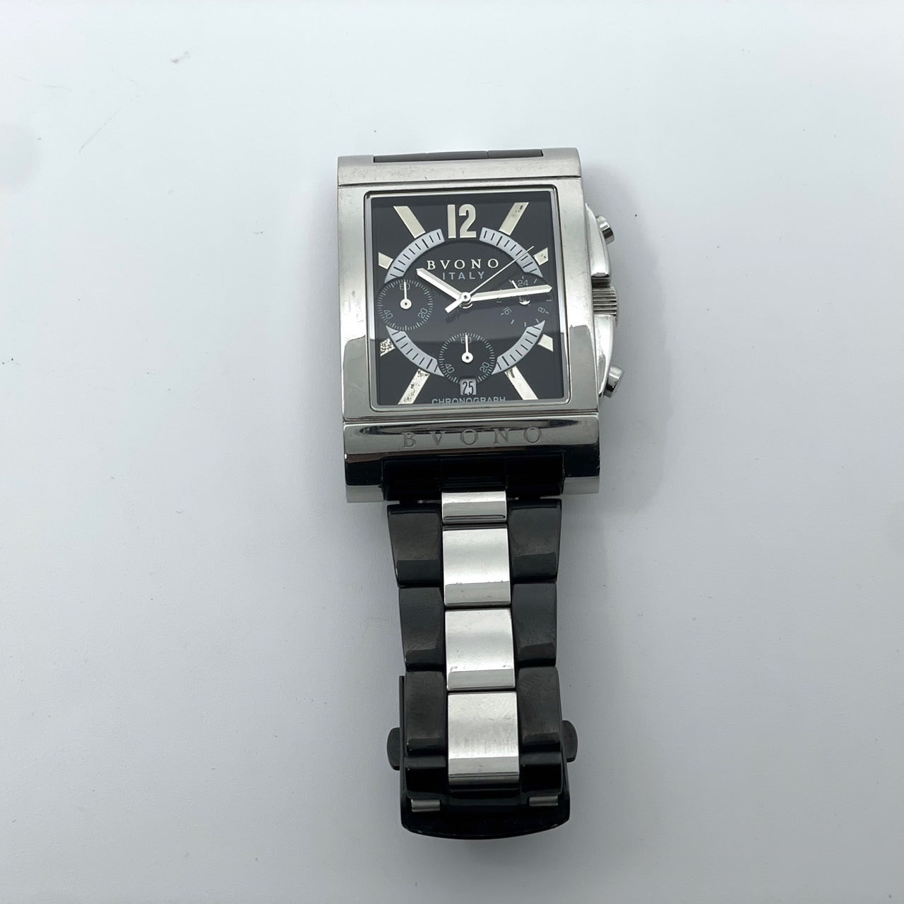 【電池交換済／稼働品】BVONO ボーノ ITALY メンズ 腕時計 クロノグラフ B-5530 スクエア シルバー ブラック コンビベルト クオーツ アナログ 多機能 モダンデザイン スタイリッシュ エレガント ビジネス ドレスウォッチ クリーニング済 G