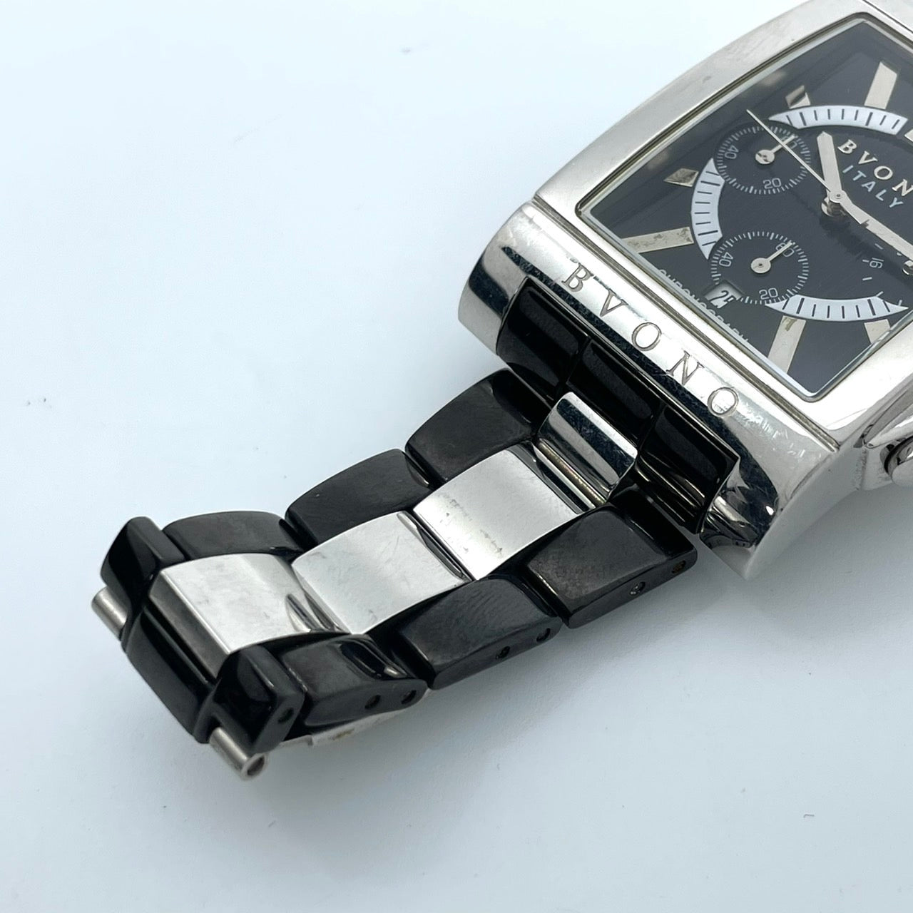 【電池交換済／稼働品】BVONO ボーノ ITALY メンズ 腕時計 クロノグラフ B-5530 スクエア シルバー ブラック コンビベルト クオーツ アナログ 多機能 モダンデザイン スタイリッシュ エレガント ビジネス ドレスウォッチ クリーニング済 G