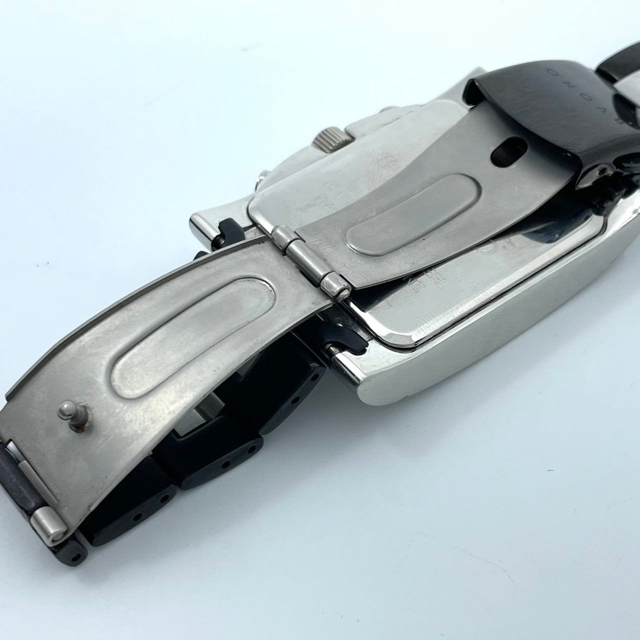 【電池交換済／稼働品】BVONO ボーノ ITALY メンズ 腕時計 クロノグラフ B-5530 スクエア シルバー ブラック コンビベルト クオーツ アナログ 多機能 モダンデザイン スタイリッシュ エレガント ビジネス ドレスウォッチ クリーニング済 G