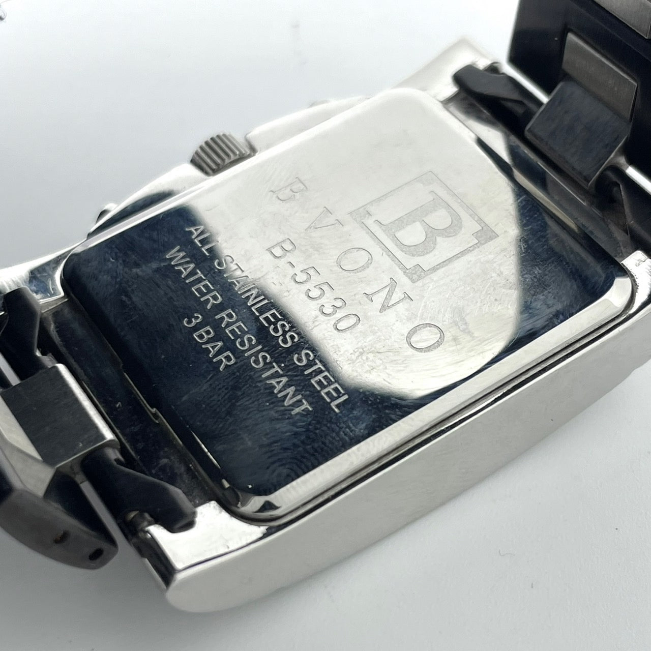 【電池交換済／稼働品】BVONO ボーノ ITALY メンズ 腕時計 クロノグラフ B-5530 スクエア シルバー ブラック コンビベルト クオーツ アナログ 多機能 モダンデザイン スタイリッシュ エレガント ビジネス ドレスウォッチ クリーニング済 G
