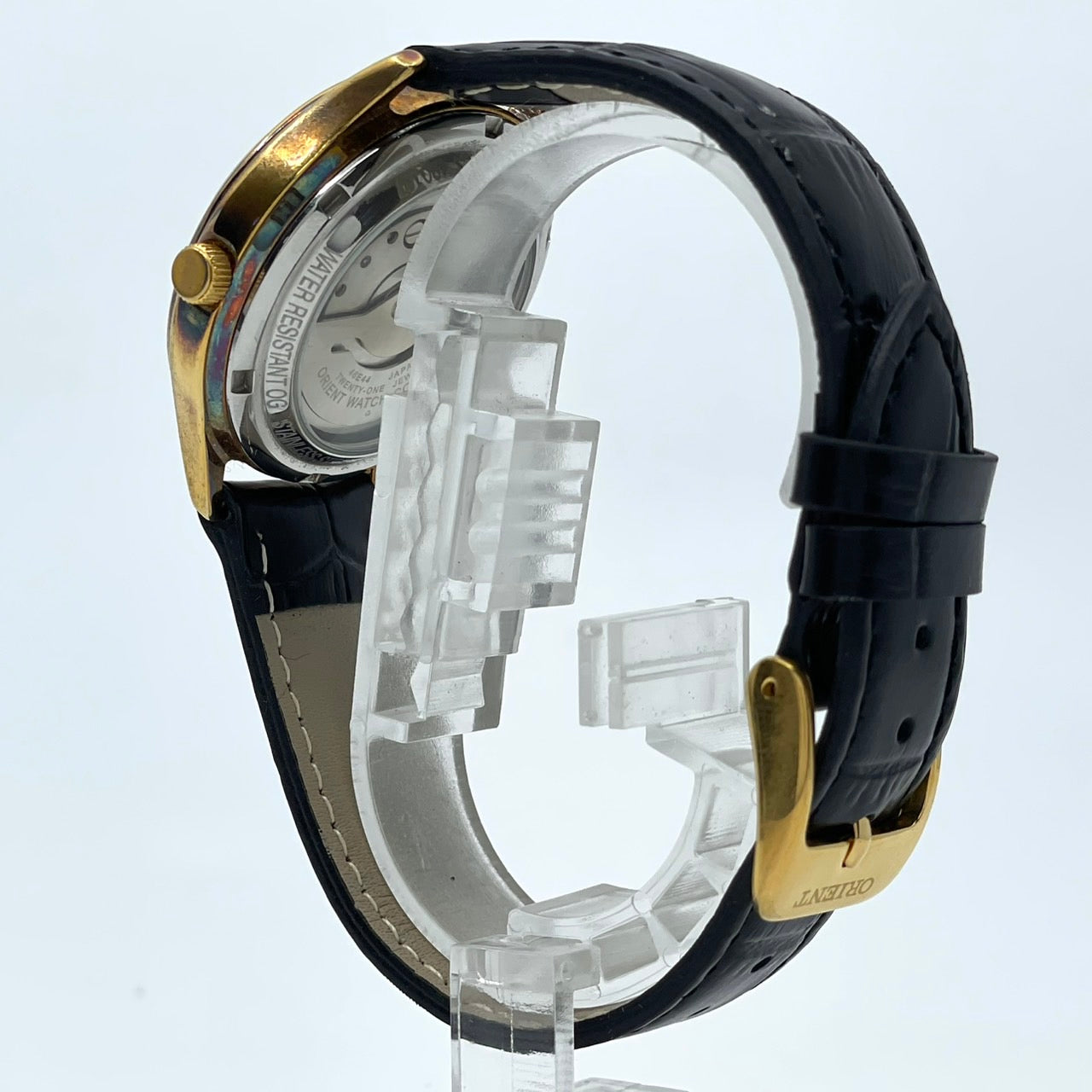 希少 稼働品 ORIENT オリエント メンズ 腕時計 自動巻き 21石 デイデイト ネイビー文字盤 ゴールド ローマンインデックス 裏スケ クラシック エレガント ドレスウォッチ ビジネス 高級感 クリーニング済み ヴィンテージ ベルト交換済 G