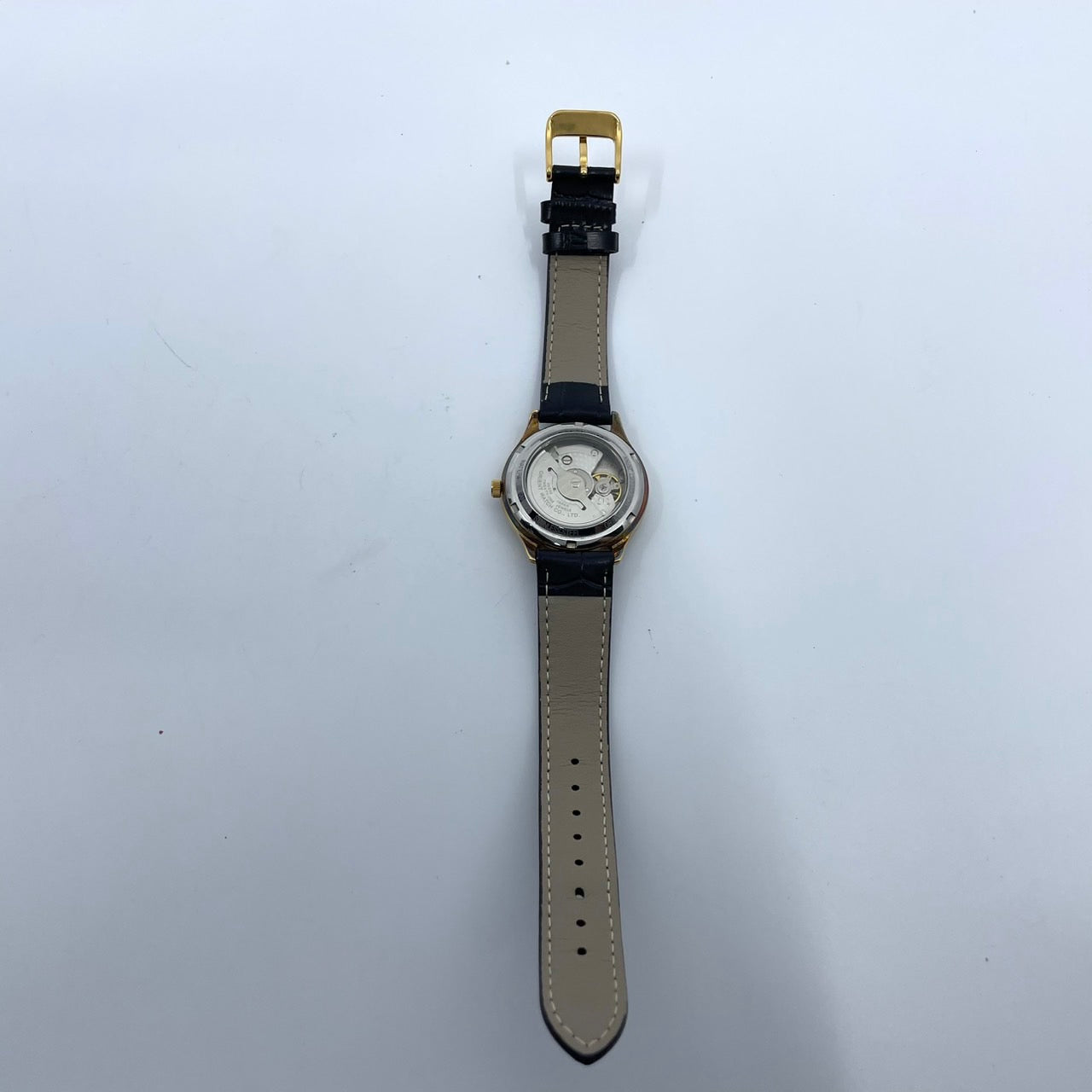 希少 稼働品 ORIENT オリエント メンズ 腕時計 自動巻き 21石 デイデイト ネイビー文字盤 ゴールド ローマンインデックス 裏スケ クラシック エレガント ドレスウォッチ ビジネス 高級感 クリーニング済み ヴィンテージ ベルト交換済 G