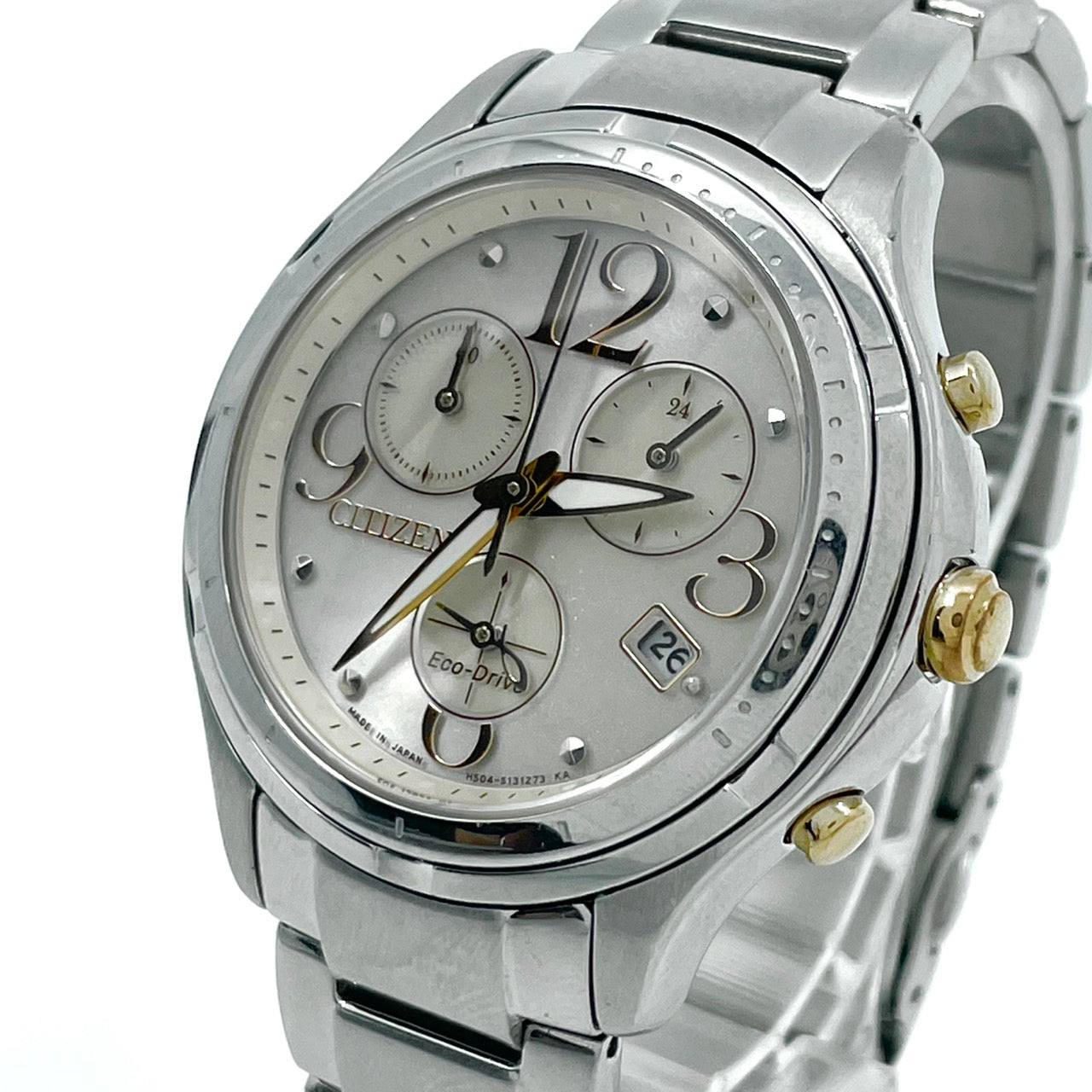 【稼働品】CITIZEN シチズン レディース 腕時計 エコドライブ クロノグラフ H504-S091721 ソーラー シルバー 多機能 デイト表示 サファイアガラス エレガント ビジネス スタイリッシュ 人気モデル クリーニング済み G6