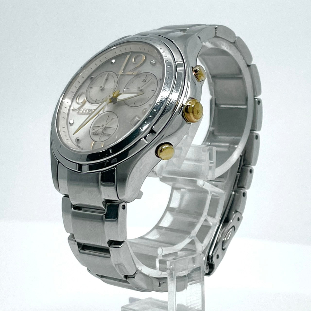 【稼働品】CITIZEN シチズン レディース 腕時計 エコドライブ クロノグラフ H504-S091721 ソーラー シルバー 多機能 デイト表示 サファイアガラス エレガント ビジネス スタイリッシュ 人気モデル クリーニング済み G6