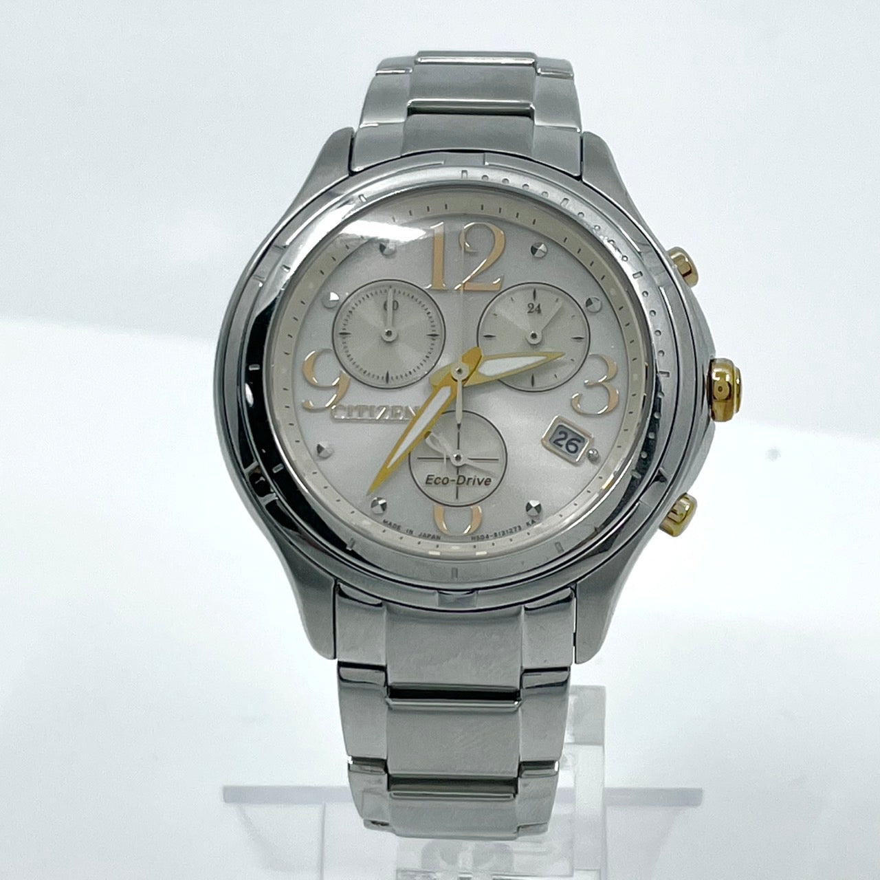 【稼働品】CITIZEN シチズン レディース 腕時計 エコドライブ クロノグラフ H504-S091721 ソーラー シルバー 多機能 デイト表示 サファイアガラス エレガント ビジネス スタイリッシュ 人気モデル クリーニング済み G6