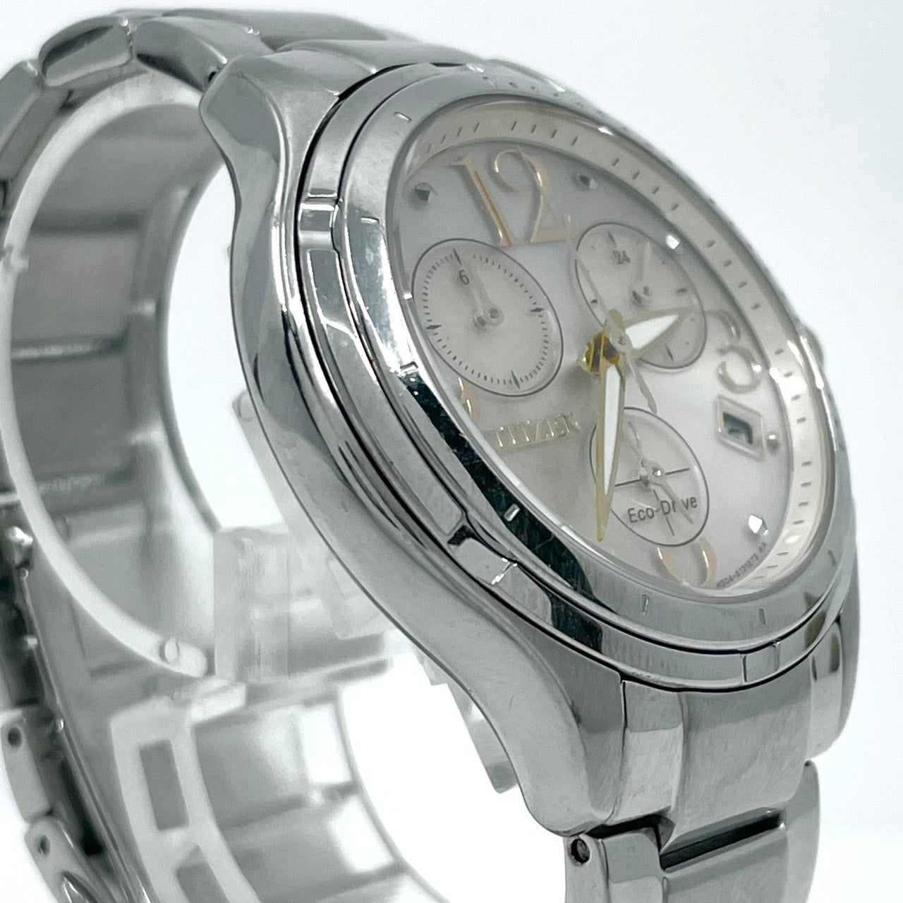 【稼働品】CITIZEN シチズン レディース 腕時計 エコドライブ クロノグラフ H504-S091721 ソーラー シルバー 多機能 デイト表示 サファイアガラス エレガント ビジネス スタイリッシュ 人気モデル クリーニング済み G6