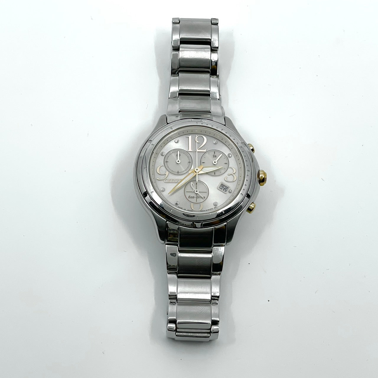 【稼働品】CITIZEN シチズン レディース 腕時計 エコドライブ クロノグラフ H504-S091721 ソーラー シルバー 多機能 デイト表示 サファイアガラス エレガント ビジネス スタイリッシュ 人気モデル クリーニング済み G6