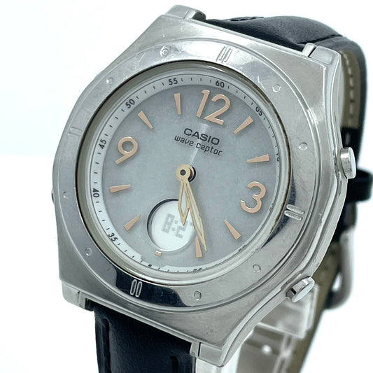 【新品ベルト（社外品）／稼働品】CASIO wave ceptor カシオ ウェーブセプター レディース 腕時計 LWA-M141 電波ソーラー アナデジ シルバー ブラックレザー ラウンド クラシック ビジネス カジュアル 多機能 クリーニング済み G6