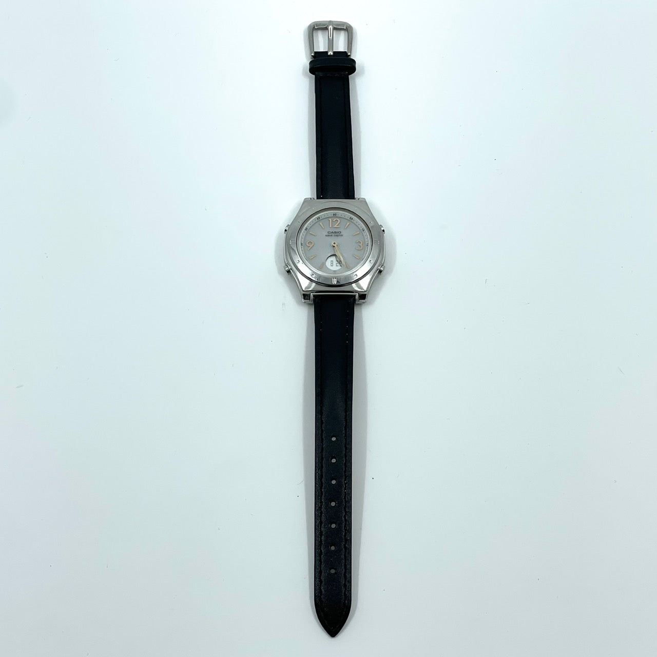 【新品ベルト（社外品）／稼働品】CASIO wave ceptor カシオ ウェーブセプター レディース 腕時計 LWA-M141 電波ソーラー アナデジ シルバー ブラックレザー ラウンド クラシック ビジネス カジュアル 多機能 クリーニング済み G6