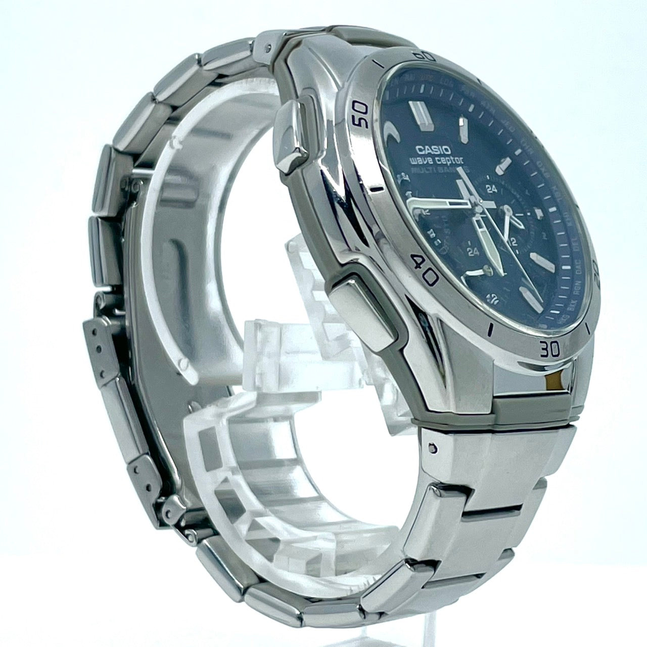 【稼働品】CASIO wave ceptor カシオ ウェーブセプター メンズ 腕時計 WVQ-M410 電波ソーラー クロノグラフ ネイビー シルバー 多機能 ワールドタイム MULTI BAND 6 ビジネス カジュアル アナログ クリーニング済 G6