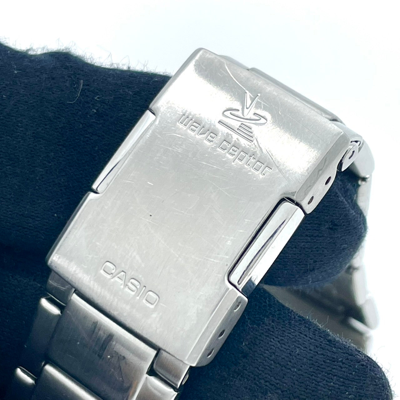 【稼働品】CASIO wave ceptor カシオ ウェーブセプター メンズ 腕時計 WVQ-M410 電波ソーラー クロノグラフ ネイビー シルバー 多機能 ワールドタイム MULTI BAND 6 ビジネス カジュアル アナログ クリーニング済 G6