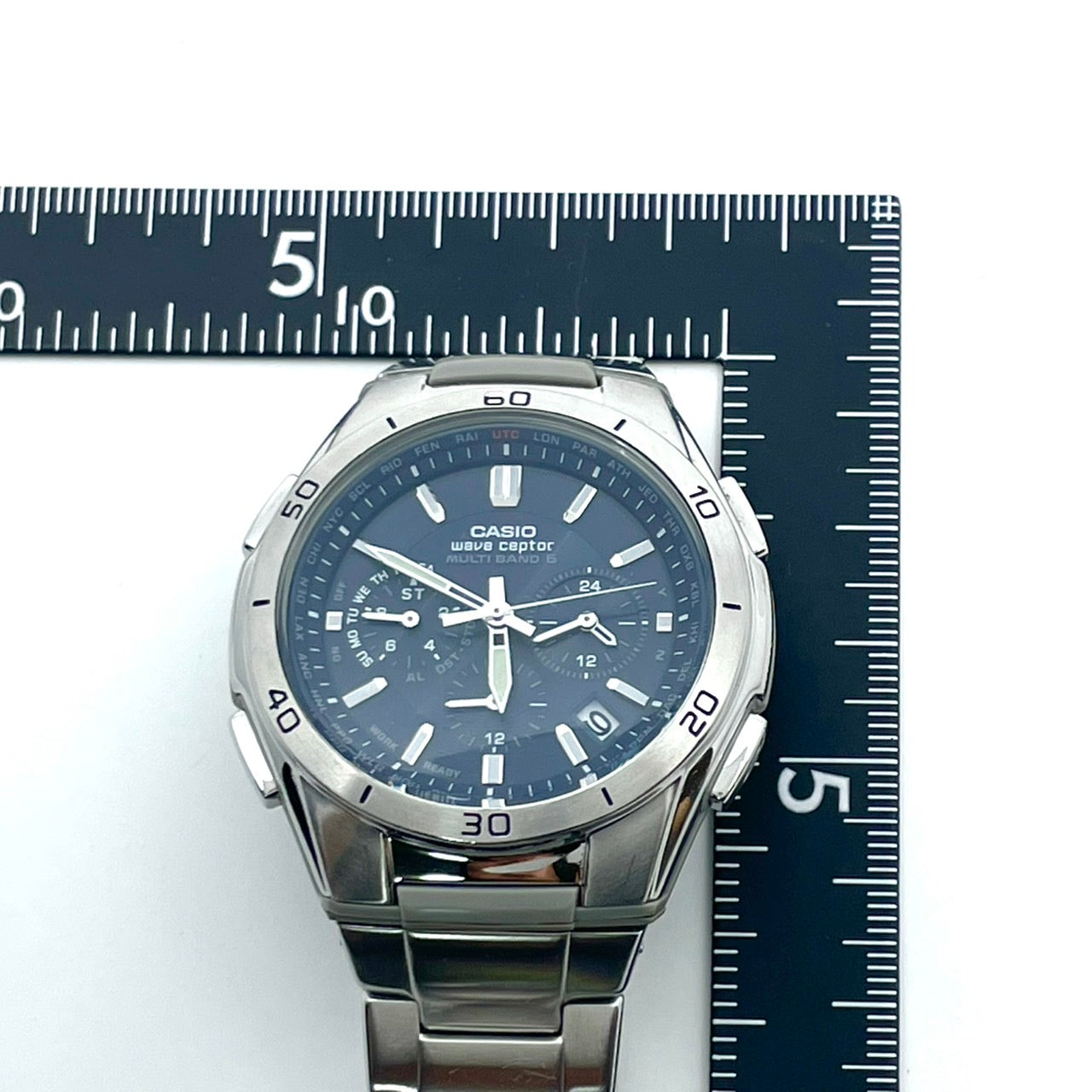 【稼働品】CASIO wave ceptor カシオ ウェーブセプター メンズ 腕時計 WVQ-M410 電波ソーラー クロノグラフ ネイビー シルバー 多機能 ワールドタイム MULTI BAND 6 ビジネス カジュアル アナログ クリーニング済 G6