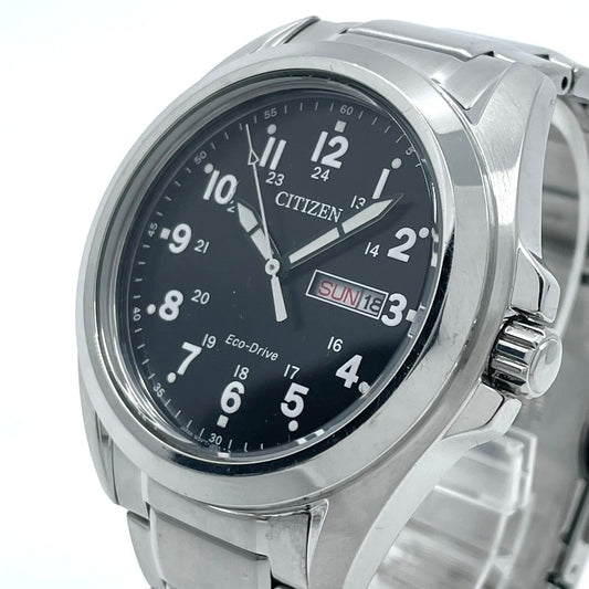 【稼働品】CITIZEN シチズン メンズ 腕時計 エコドライブ AW0050-82E ソーラー デイデイト ブラック文字盤 シルバー アラビア数字 ミリタリーデザイン カジュアル ビジネス 10気圧防水 アナログ 高視認性 クリーニング済み G6
