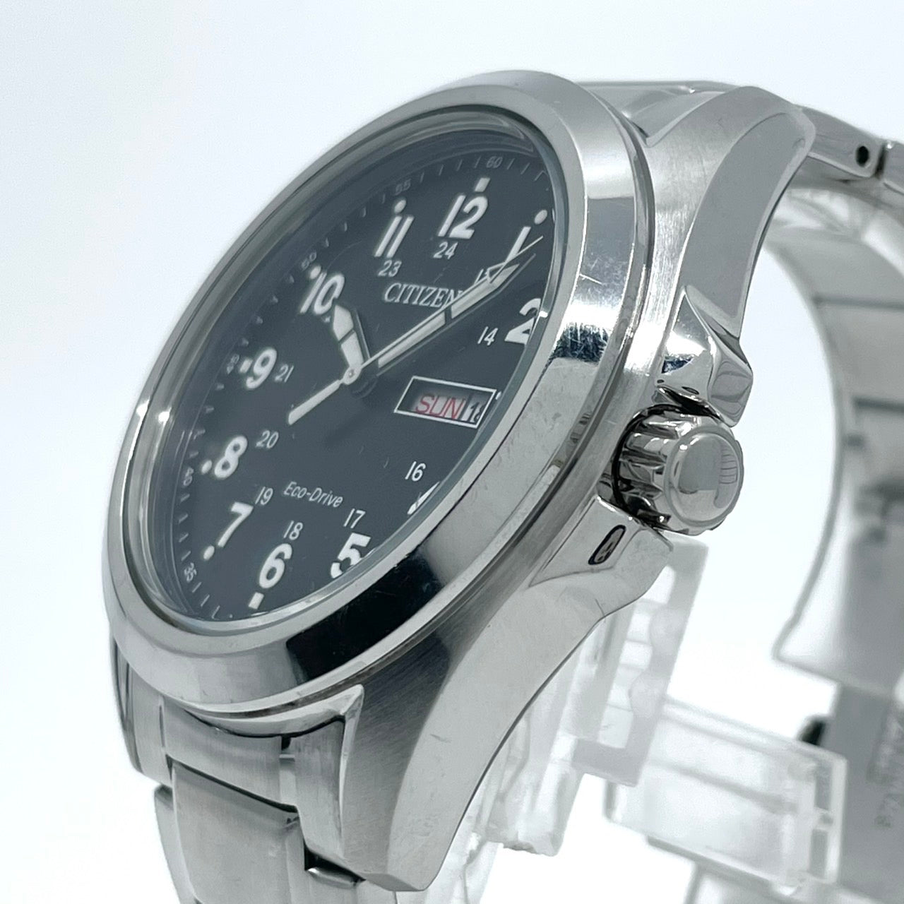 【稼働品】CITIZEN シチズン メンズ 腕時計 エコドライブ AW0050-82E ソーラー デイデイト ブラック文字盤 シルバー アラビア数字 ミリタリーデザイン カジュアル ビジネス 10気圧防水 アナログ 高視認性 クリーニング済み G6