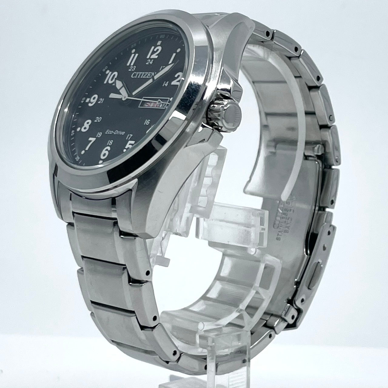 【稼働品】CITIZEN シチズン メンズ 腕時計 エコドライブ AW0050-82E ソーラー デイデイト ブラック文字盤 シルバー アラビア数字 ミリタリーデザイン カジュアル ビジネス 10気圧防水 アナログ 高視認性 クリーニング済み G6