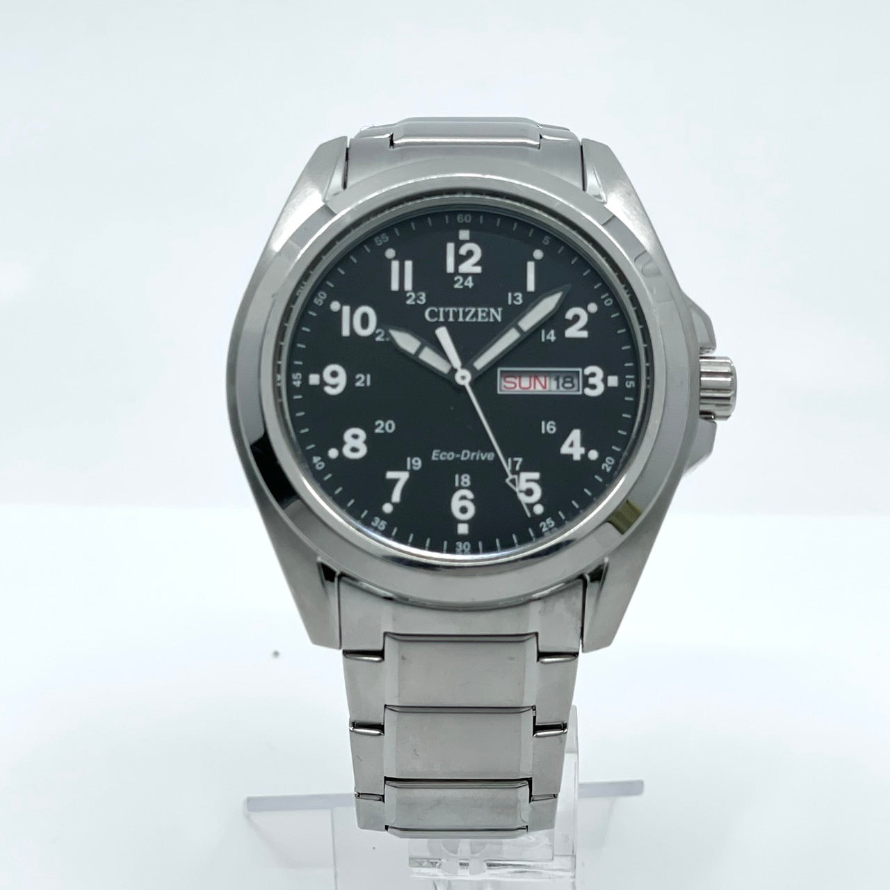 【稼働品】CITIZEN シチズン メンズ 腕時計 エコドライブ AW0050-82E ソーラー デイデイト ブラック文字盤 シルバー アラビア数字 ミリタリーデザイン カジュアル ビジネス 10気圧防水 アナログ 高視認性 クリーニング済み G6