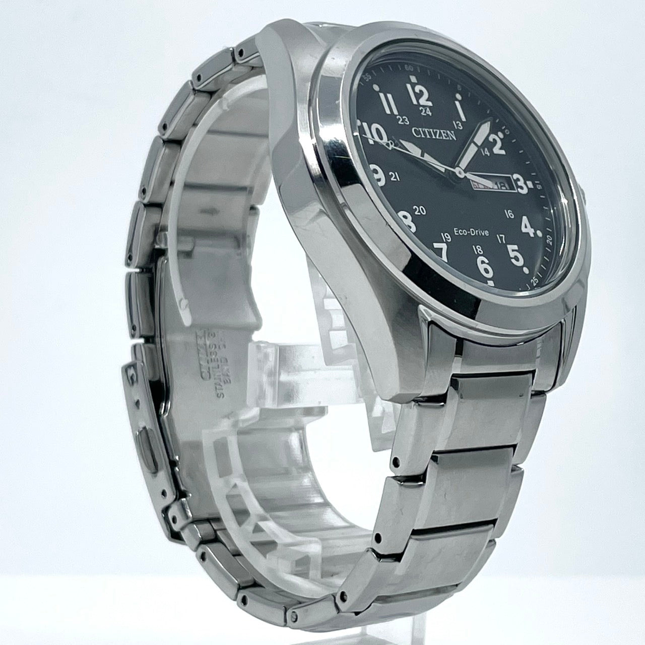 【稼働品】CITIZEN シチズン メンズ 腕時計 エコドライブ AW0050-82E ソーラー デイデイト ブラック文字盤 シルバー アラビア数字 ミリタリーデザイン カジュアル ビジネス 10気圧防水 アナログ 高視認性 クリーニング済み G6